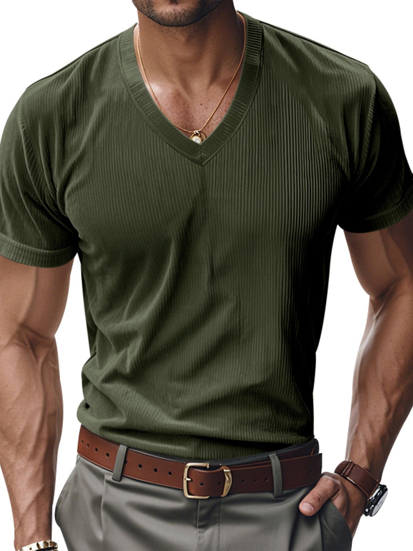 Men's Full Size Ribbed V-Neck T-Shirt Plus Size designed for comfort and style at Lookzlike