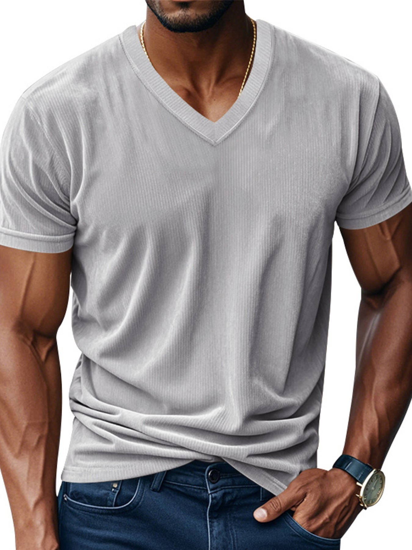 Men's Full Size Ribbed V-Neck T-Shirt Plus Size designed for comfort and style at Lookzlike