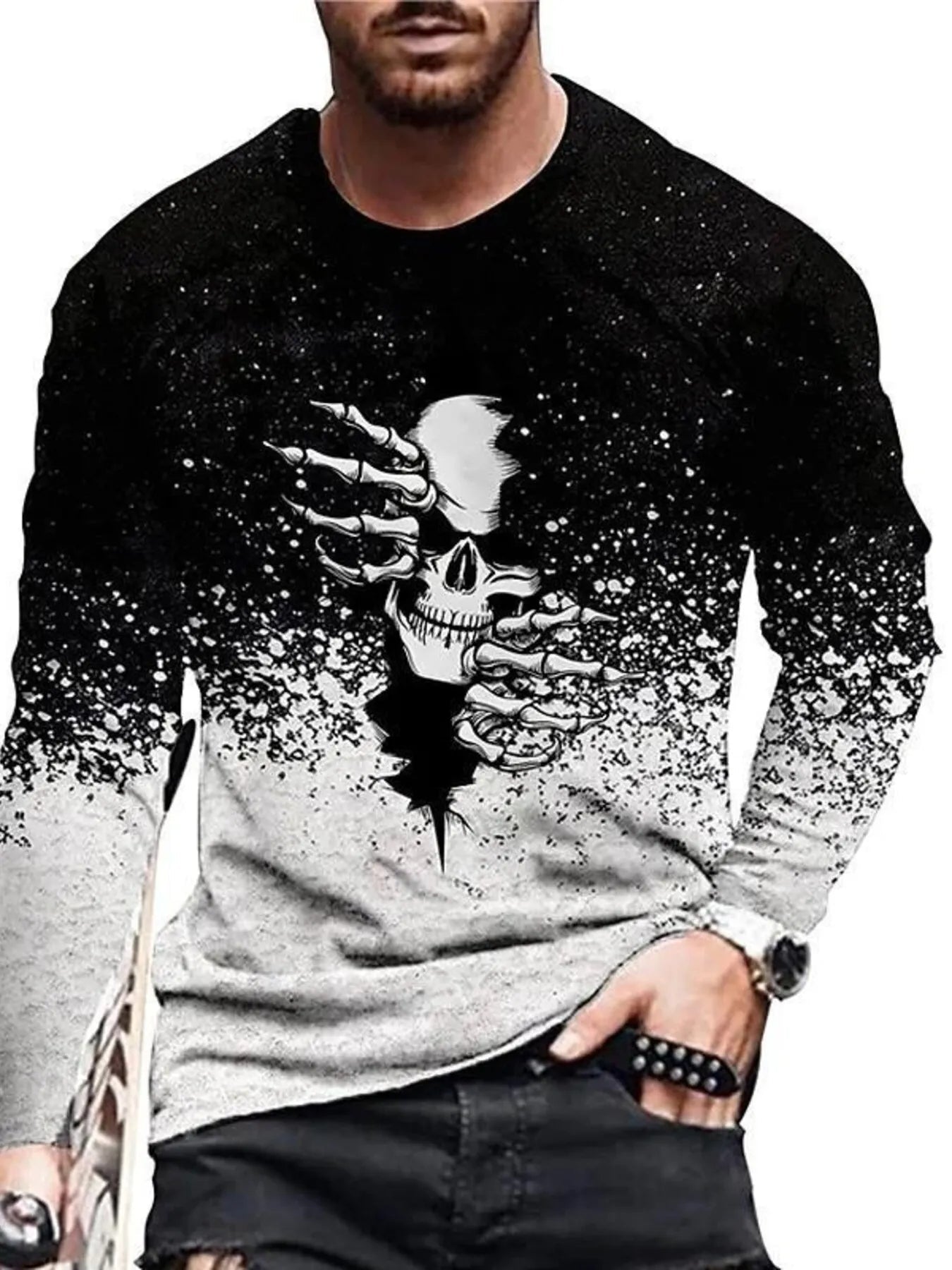 Men's Full Size Skeleton Embrace Long Sleeve T-Shirt Plus Size designed for comfort and style at Lookzlike