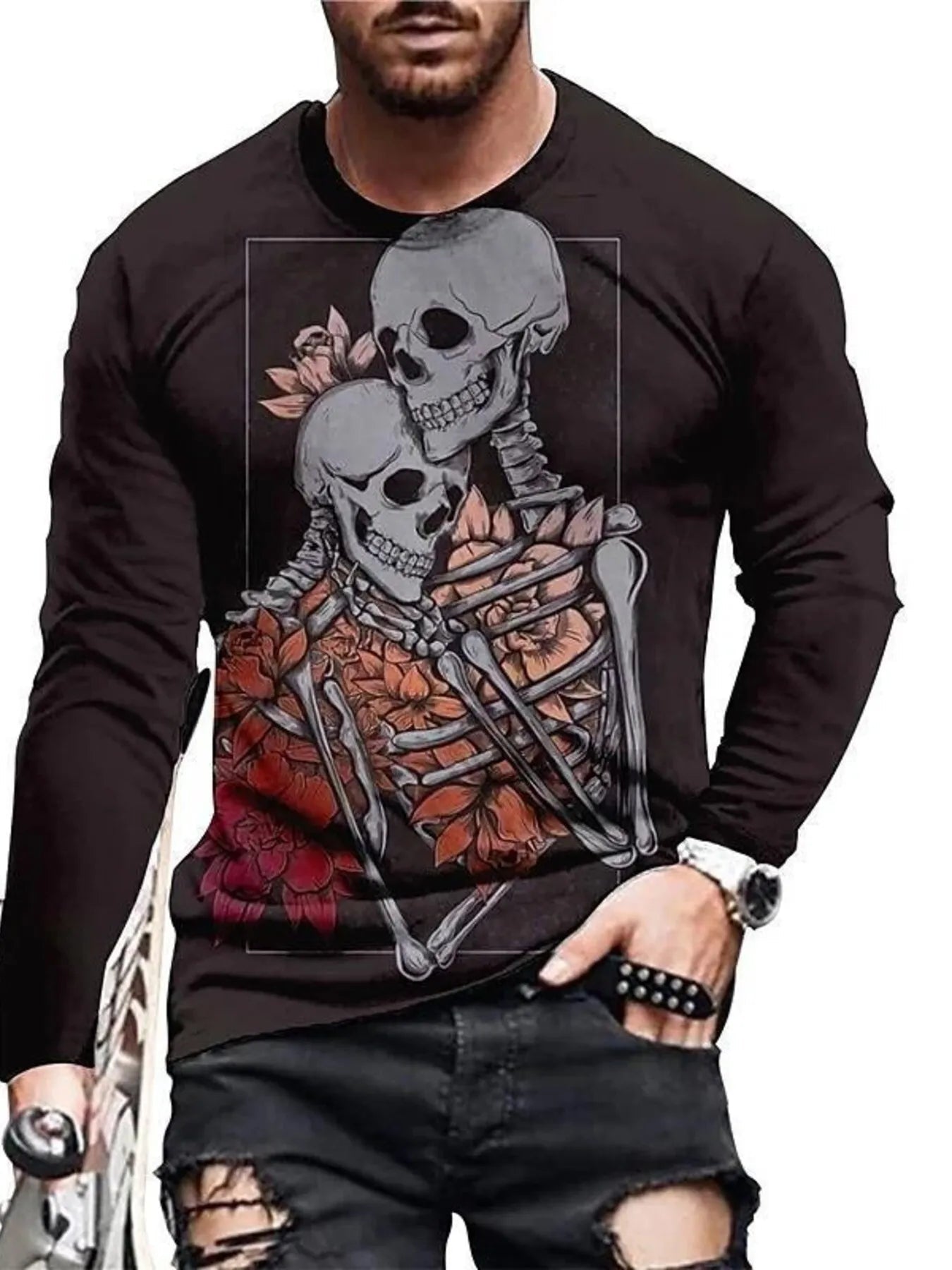 Men's Full Size Skeleton Embrace Long Sleeve T-Shirt Plus Size designed for comfort and style at Lookzlike