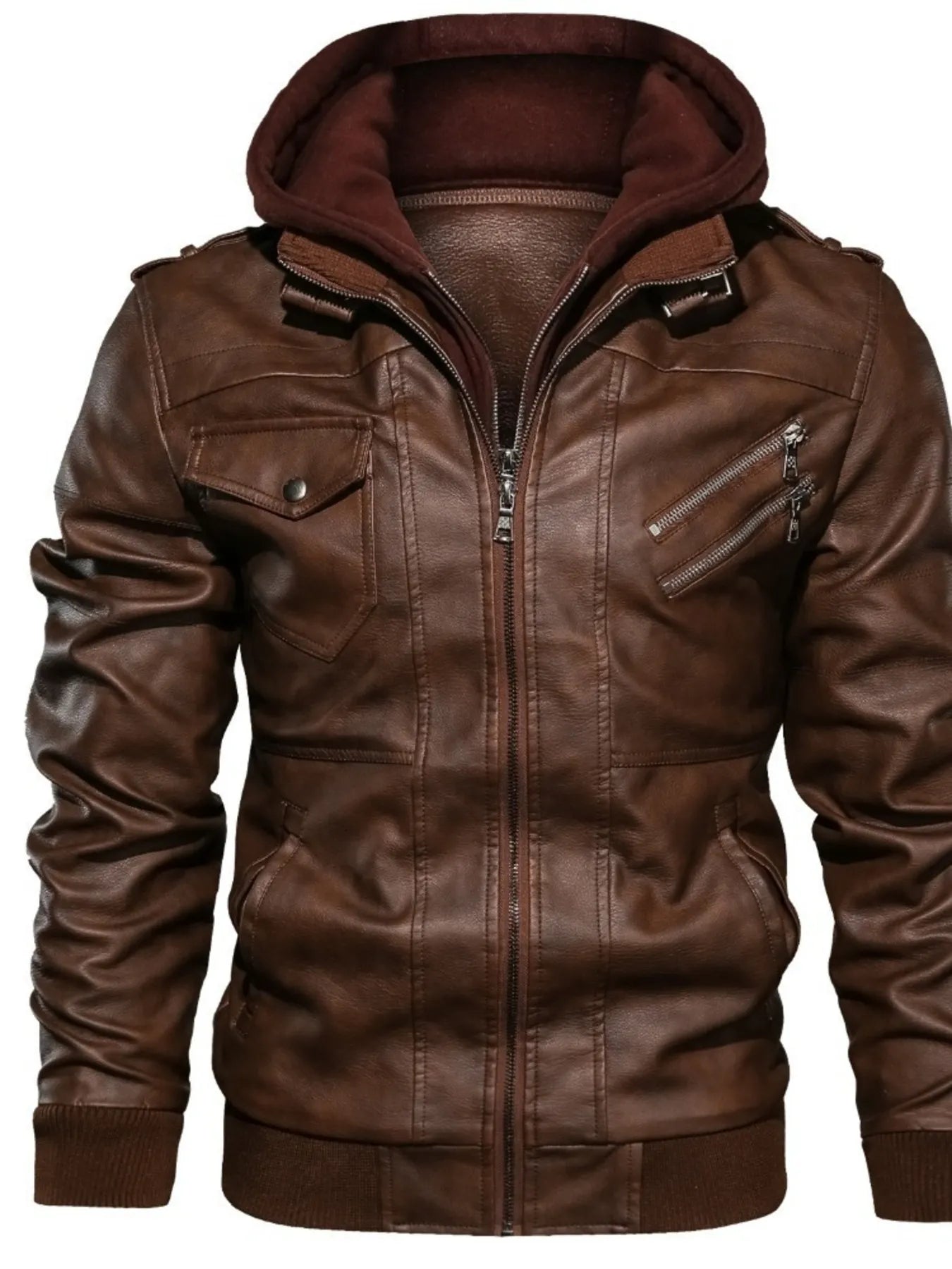 Men's Full Size Vintage Hooded Leather Jacket Plus Size designed for comfort and style at Lookzlike