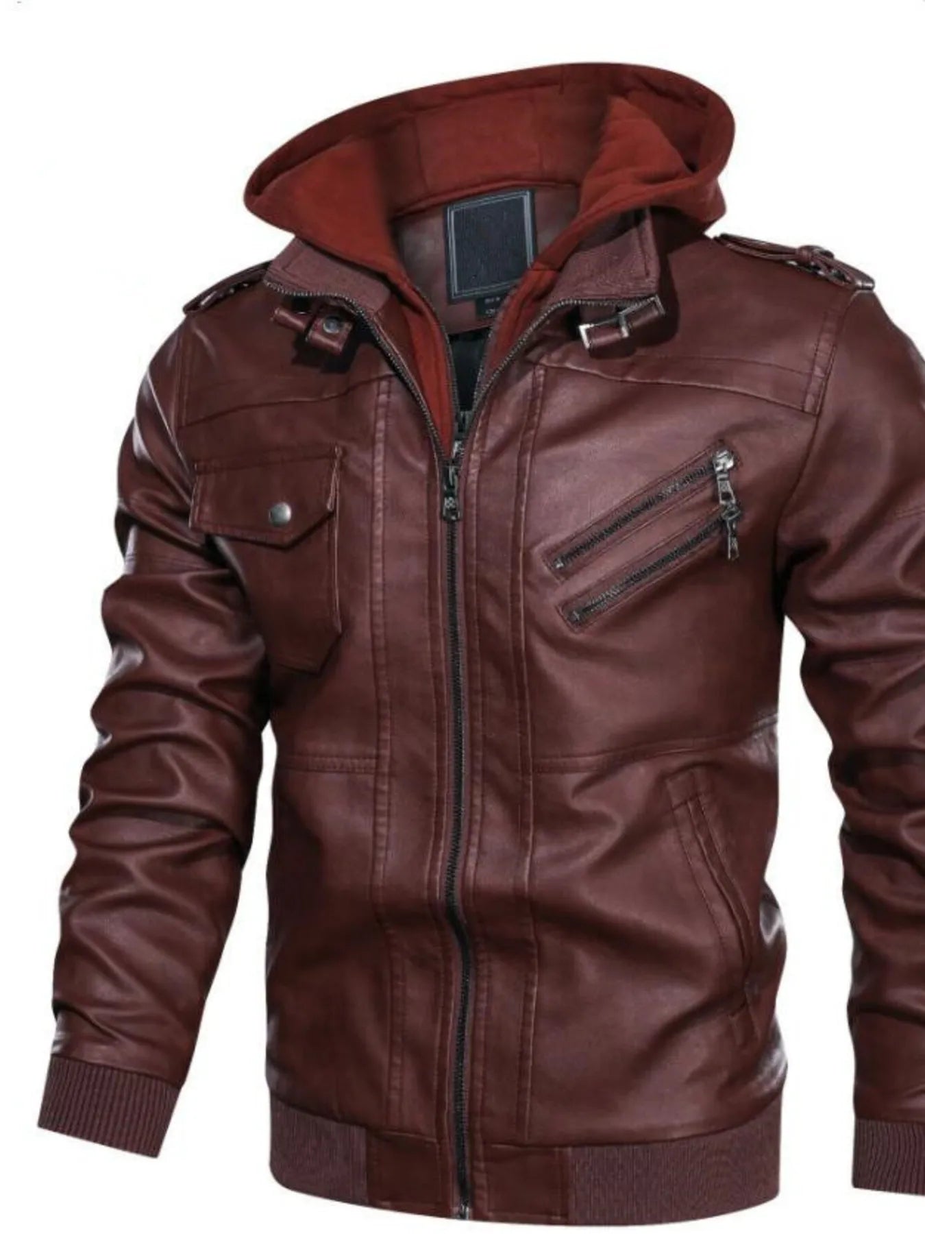 Men's Full Size Vintage Hooded Leather Jacket Plus Size designed for comfort and style at Lookzlike