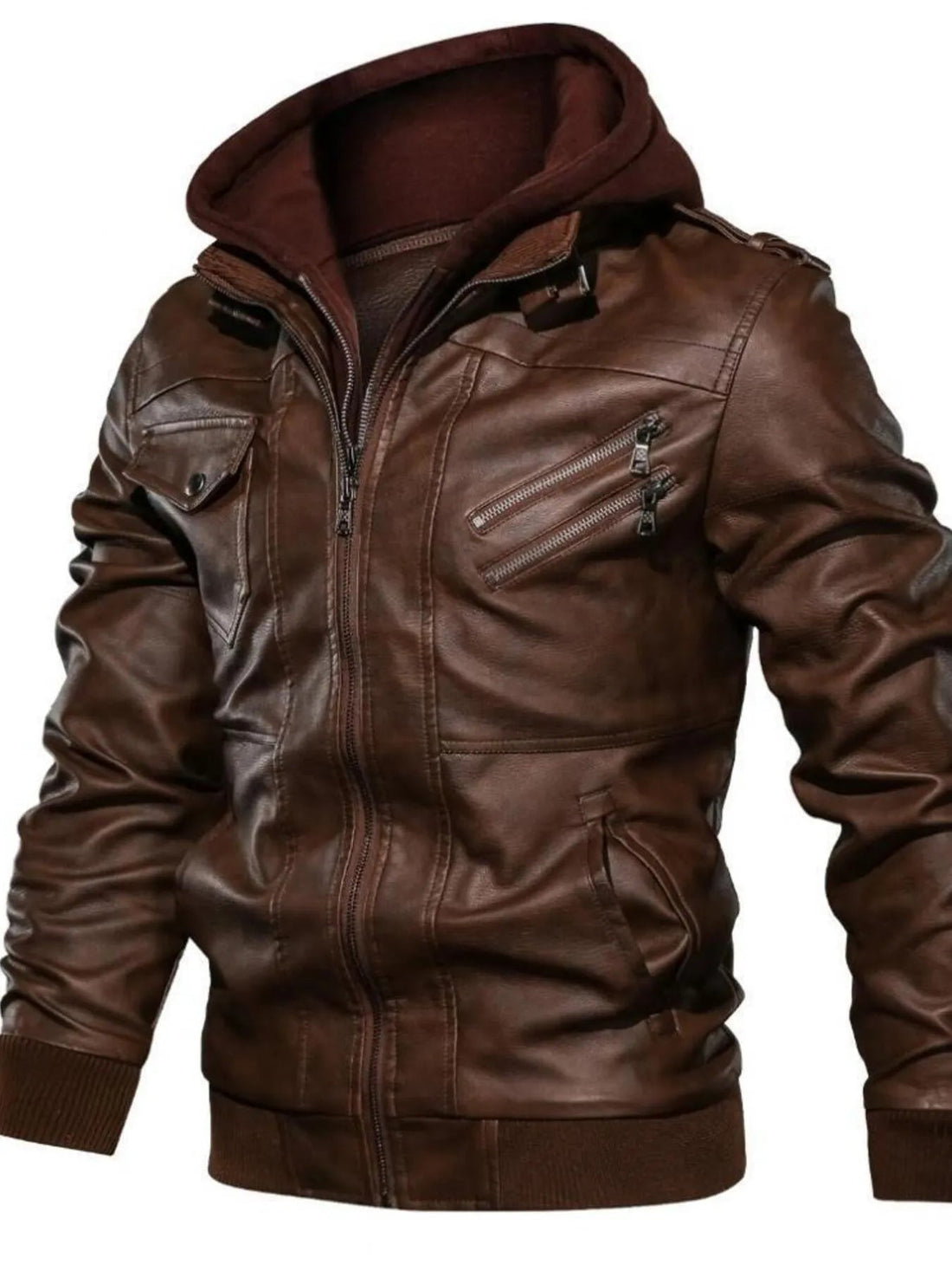 Men's Full Size Vintage Hooded Leather Jacket Plus Size designed for comfort and style at Lookzlike