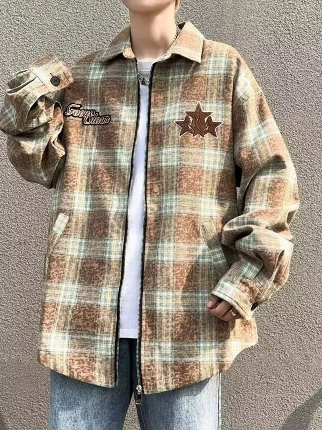Men's Plaid Zip Up Long Sleeve Jacket designed for comfort and style at Lookzlike