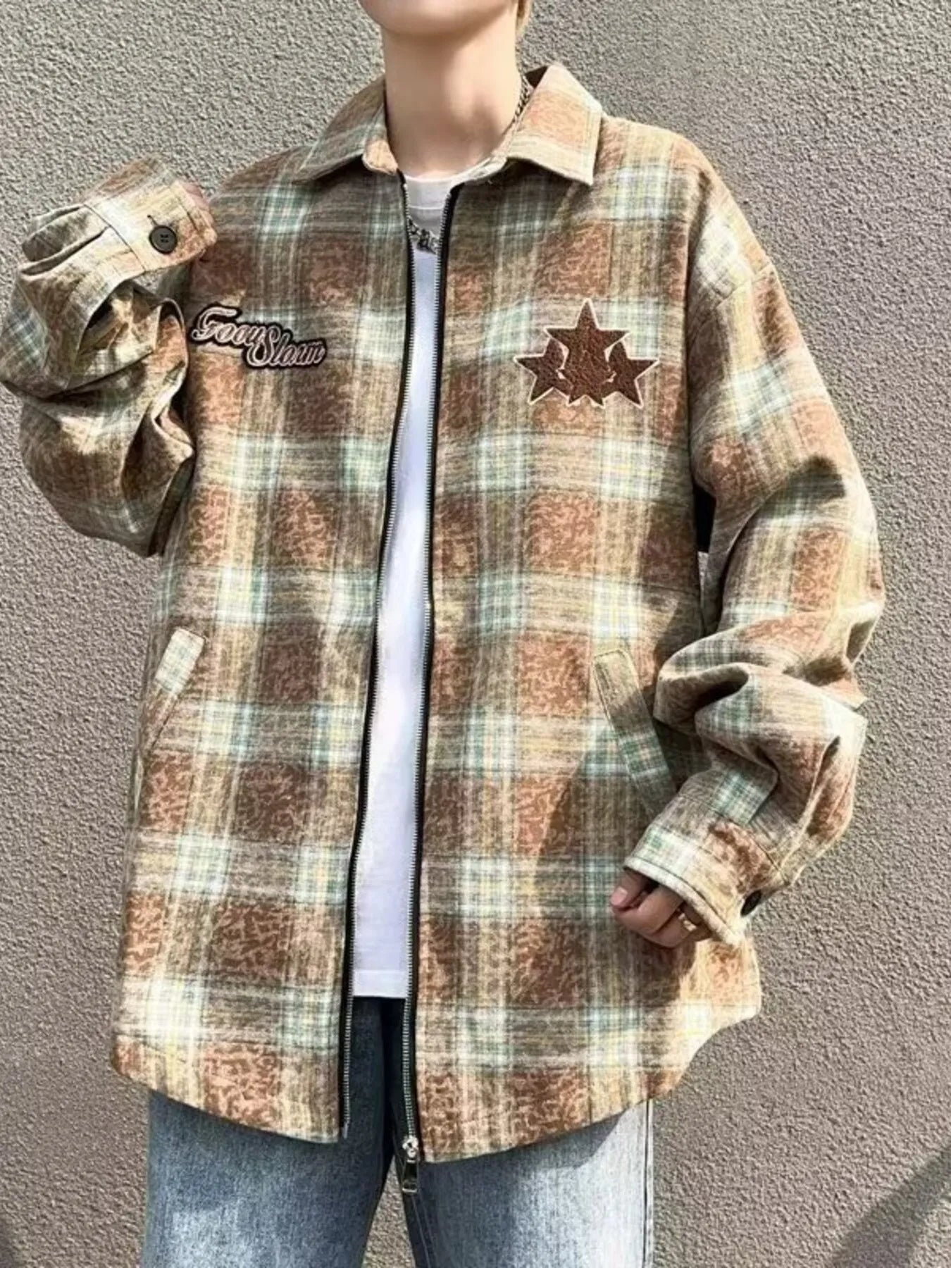 Men's Plaid Zip Up Long Sleeve Jacket designed for comfort and style at Lookzlike