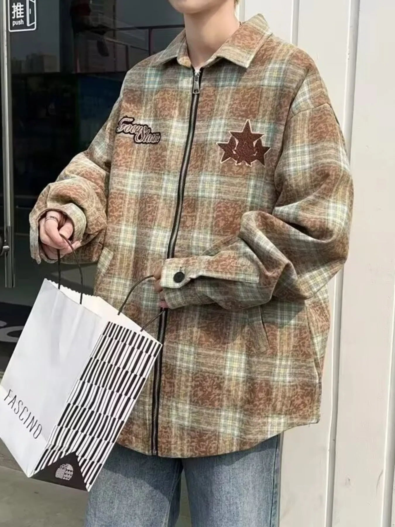 Men's Plaid Zip Up Long Sleeve Jacket designed for comfort and style at Lookzlike