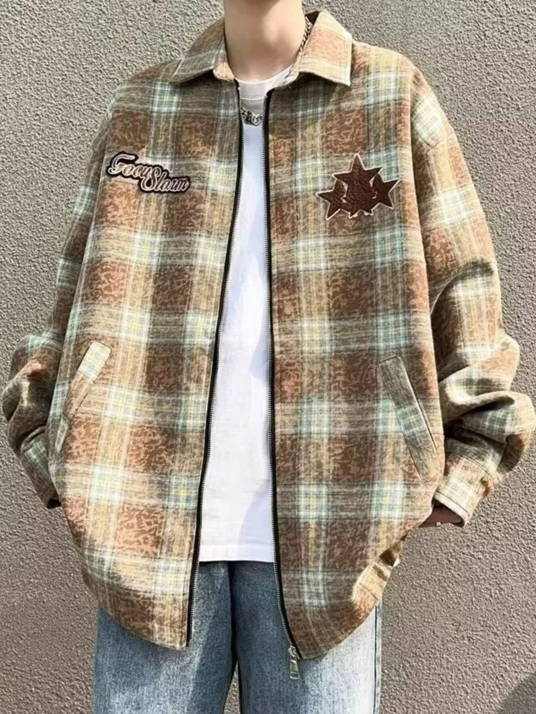 Men's Plaid Zip Up Long Sleeve Jacket designed for comfort and style at Lookzlike
