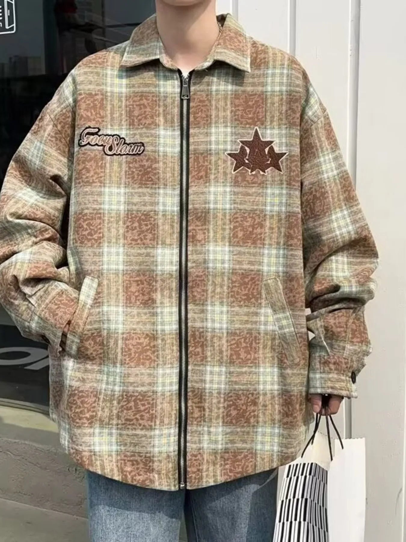 Men's Plaid Zip Up Long Sleeve Jacket designed for comfort and style at Lookzlike