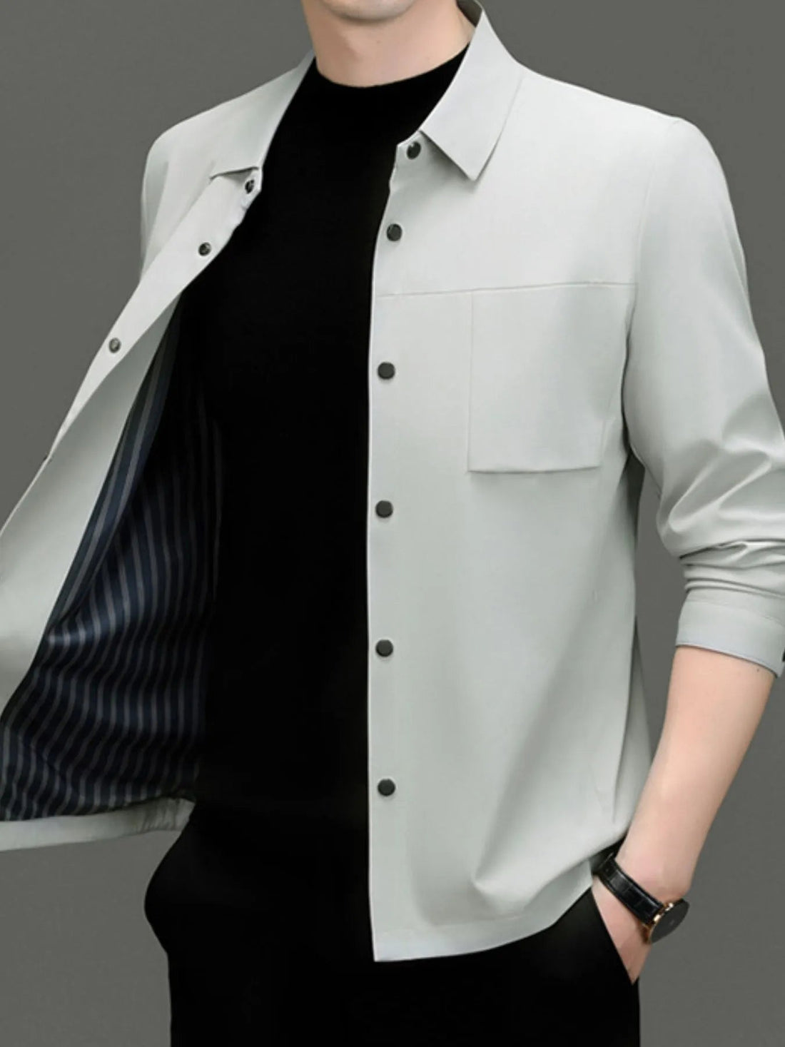 Men's Plus Size Button Up Long Sleeve Jacket designed for comfort and style at Lookzlike