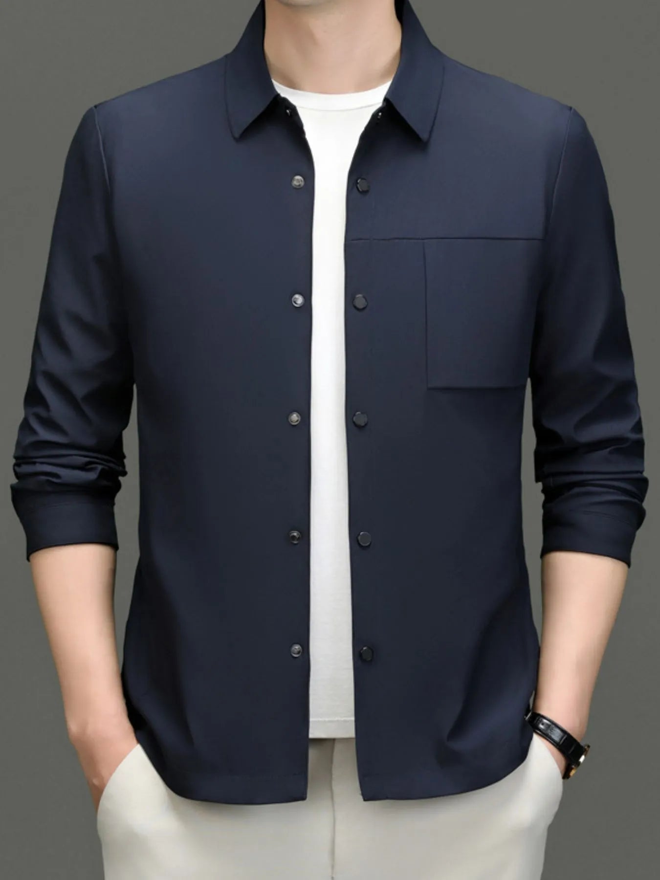 Men's Plus Size Button Up Long Sleeve Jacket designed for comfort and style at Lookzlike