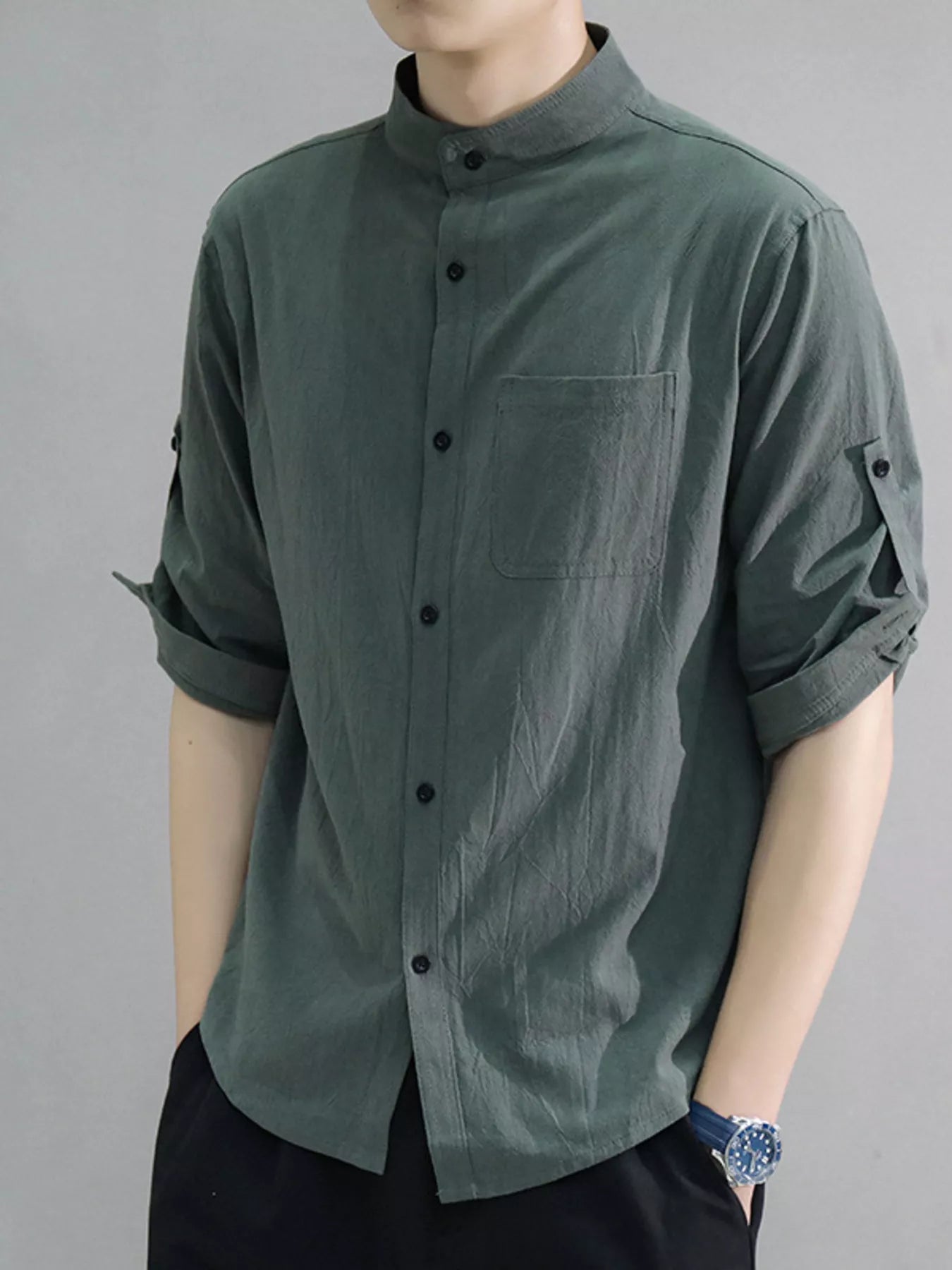Men's Plus Size Button Up Roll-Up Sleeve Shirt designed for comfort and style at Lookzlike
