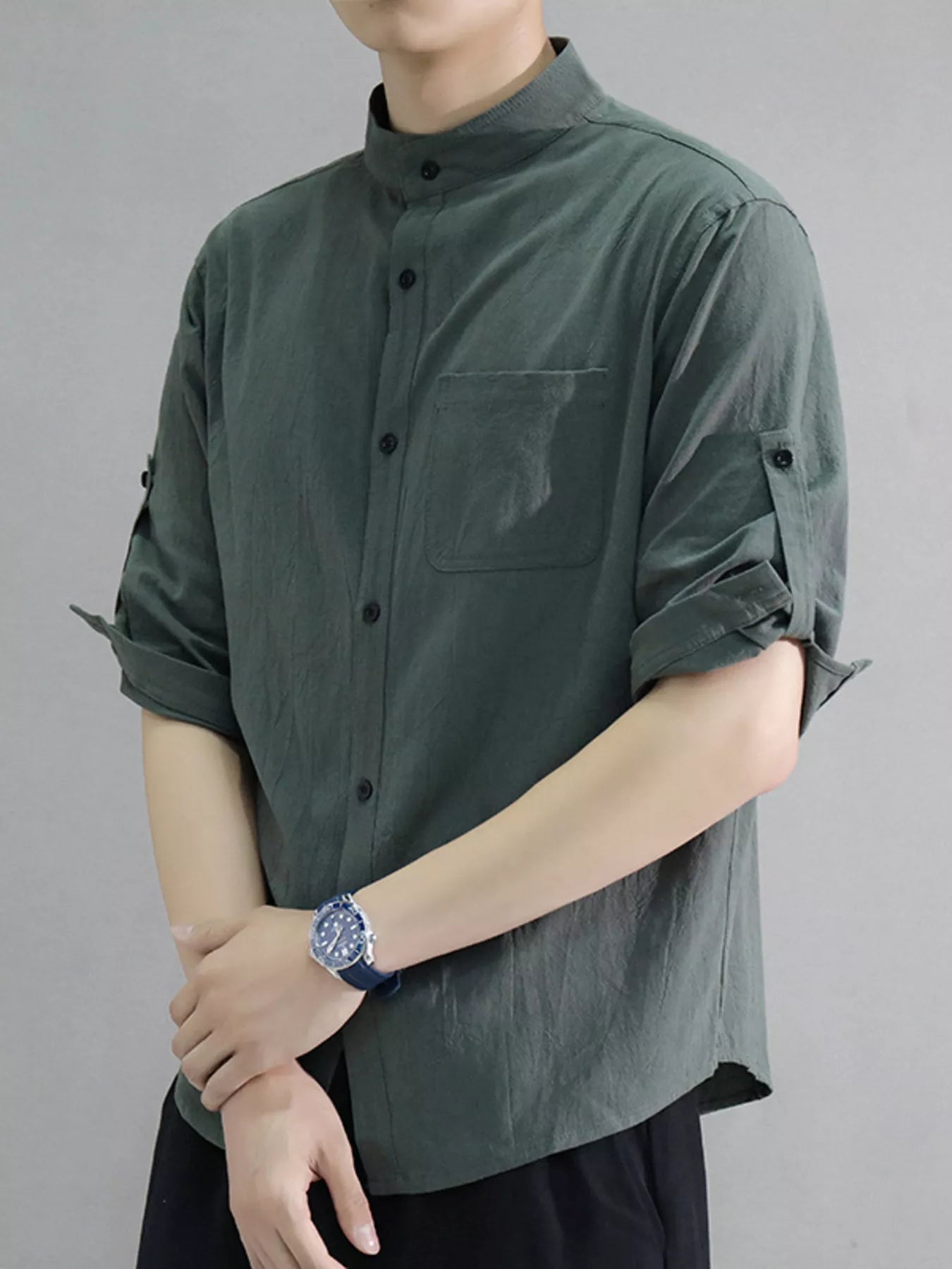 Men's Plus Size Button Up Roll-Up Sleeve Shirt designed for comfort and style at Lookzlike