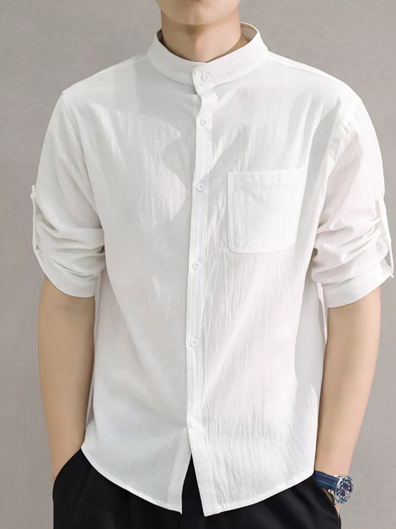 Men's Plus Size Button Up Roll-Up Sleeve Shirt designed for comfort and style at Lookzlike