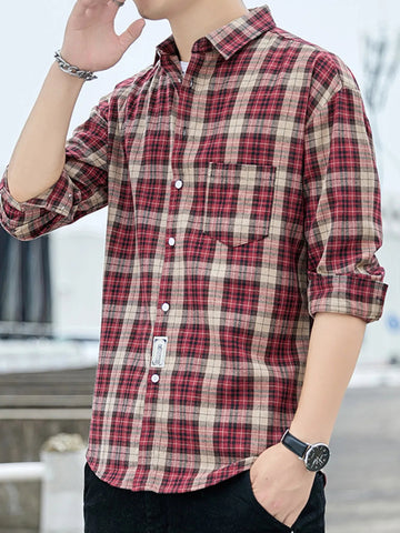 Men's Plus Size Casual Plaid Long Sleeve Shirt designed for comfort and style at Lookzlike