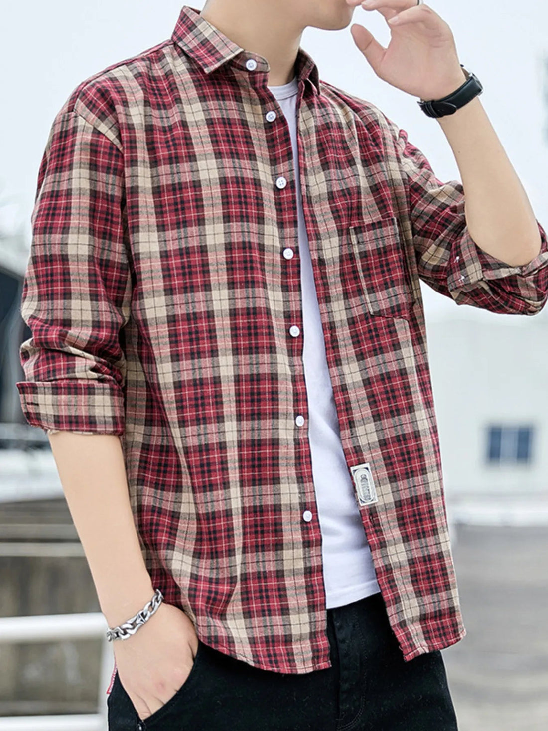 Men's Plus Size Casual Plaid Long Sleeve Shirt designed for comfort and style at Lookzlike