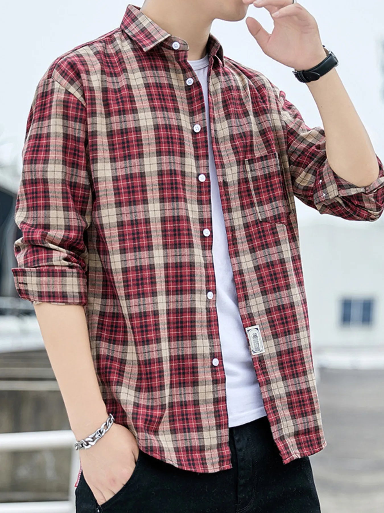Men's Plus Size Casual Plaid Long Sleeve Shirt designed for comfort and style at Lookzlike