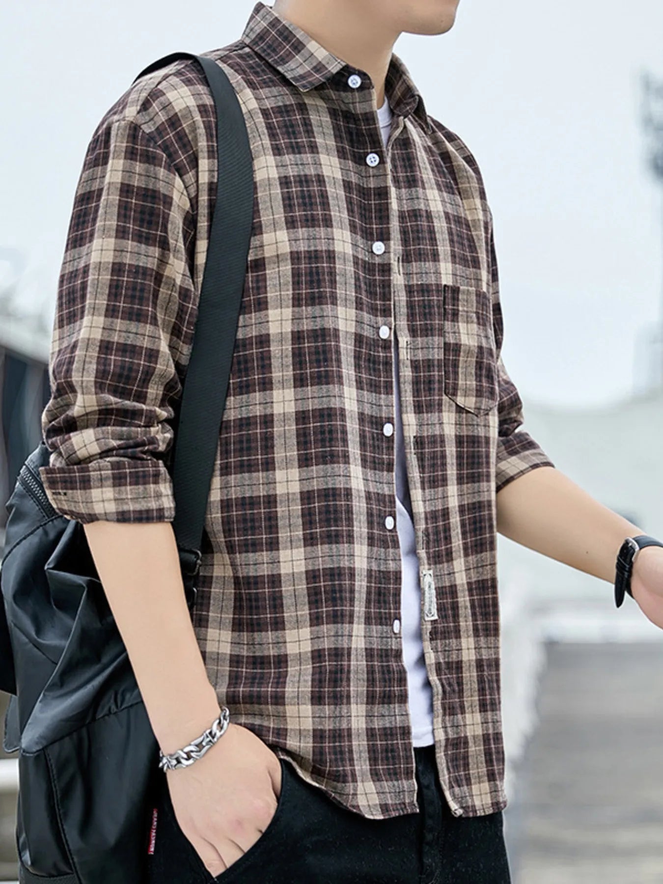 Men's Plus Size Casual Plaid Long Sleeve Shirt designed for comfort and style at Lookzlike