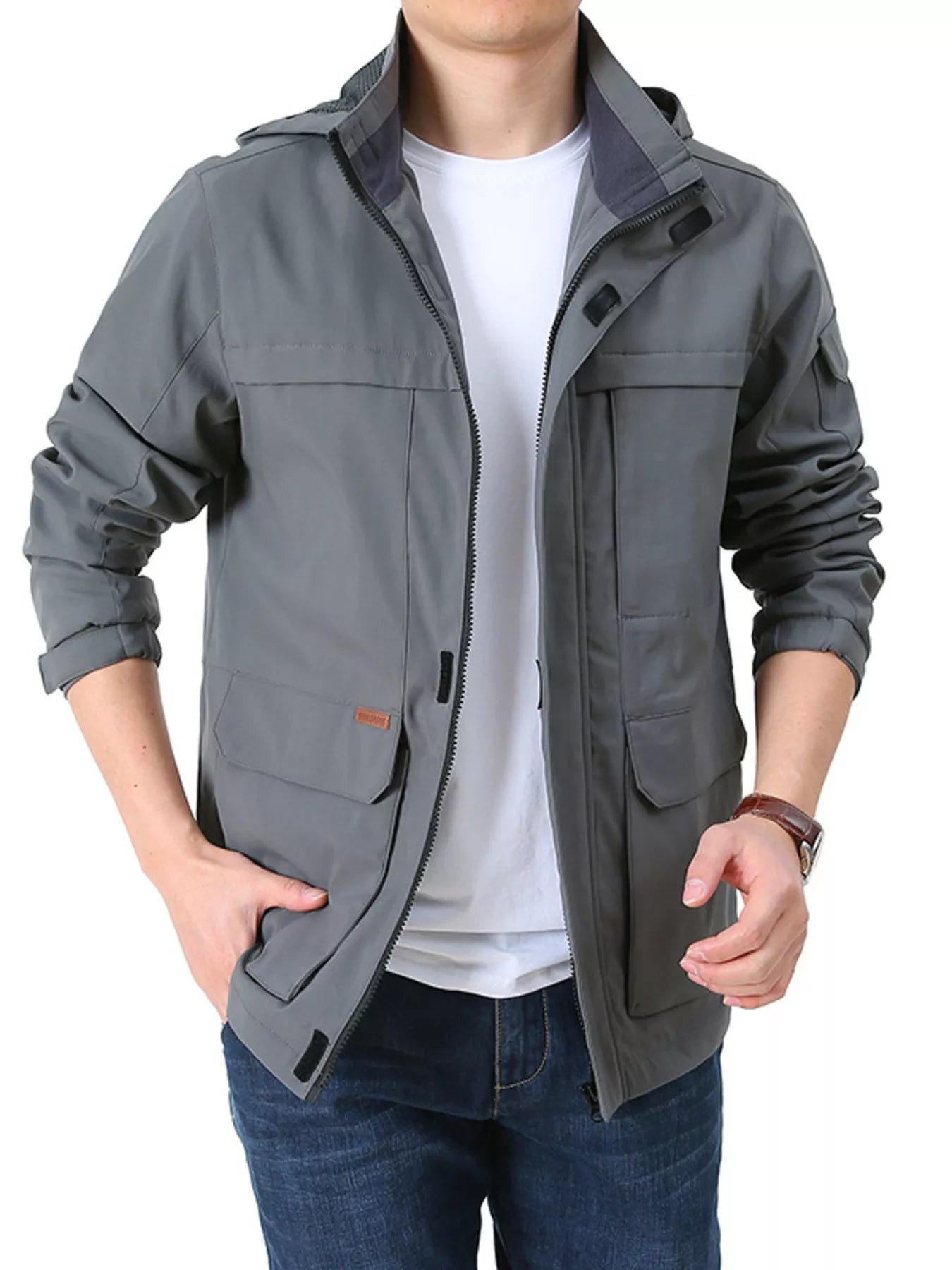 Men's Plus Size Casual Zip Up Hooded Jacket designed for comfort and style at Lookzlike