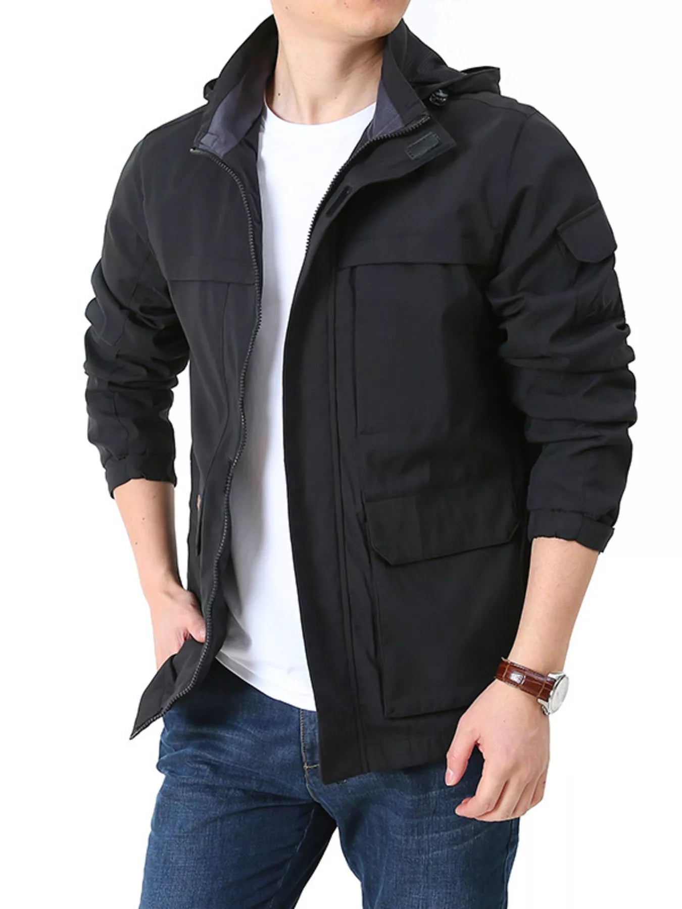 Men's Plus Size Casual Zip Up Hooded Jacket designed for comfort and style at Lookzlike