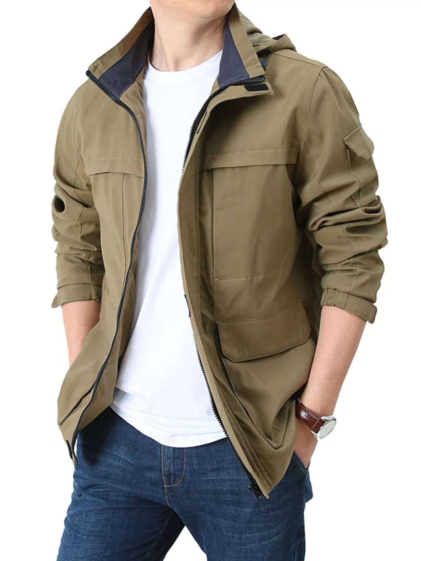 Men's Plus Size Casual Zip Up Hooded Jacket designed for comfort and style at Lookzlike