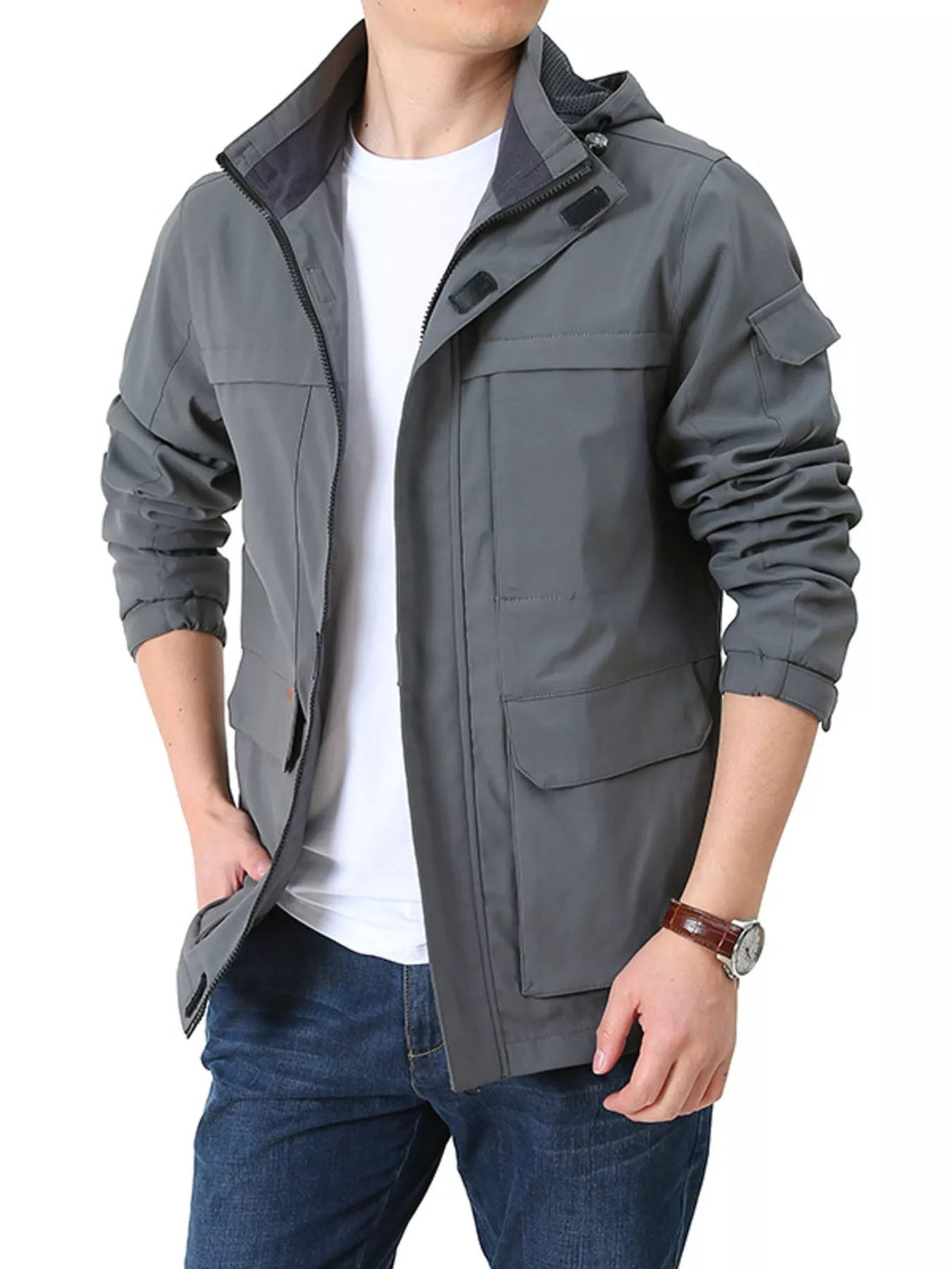 Men's Plus Size Casual Zip Up Hooded Jacket designed for comfort and style at Lookzlike