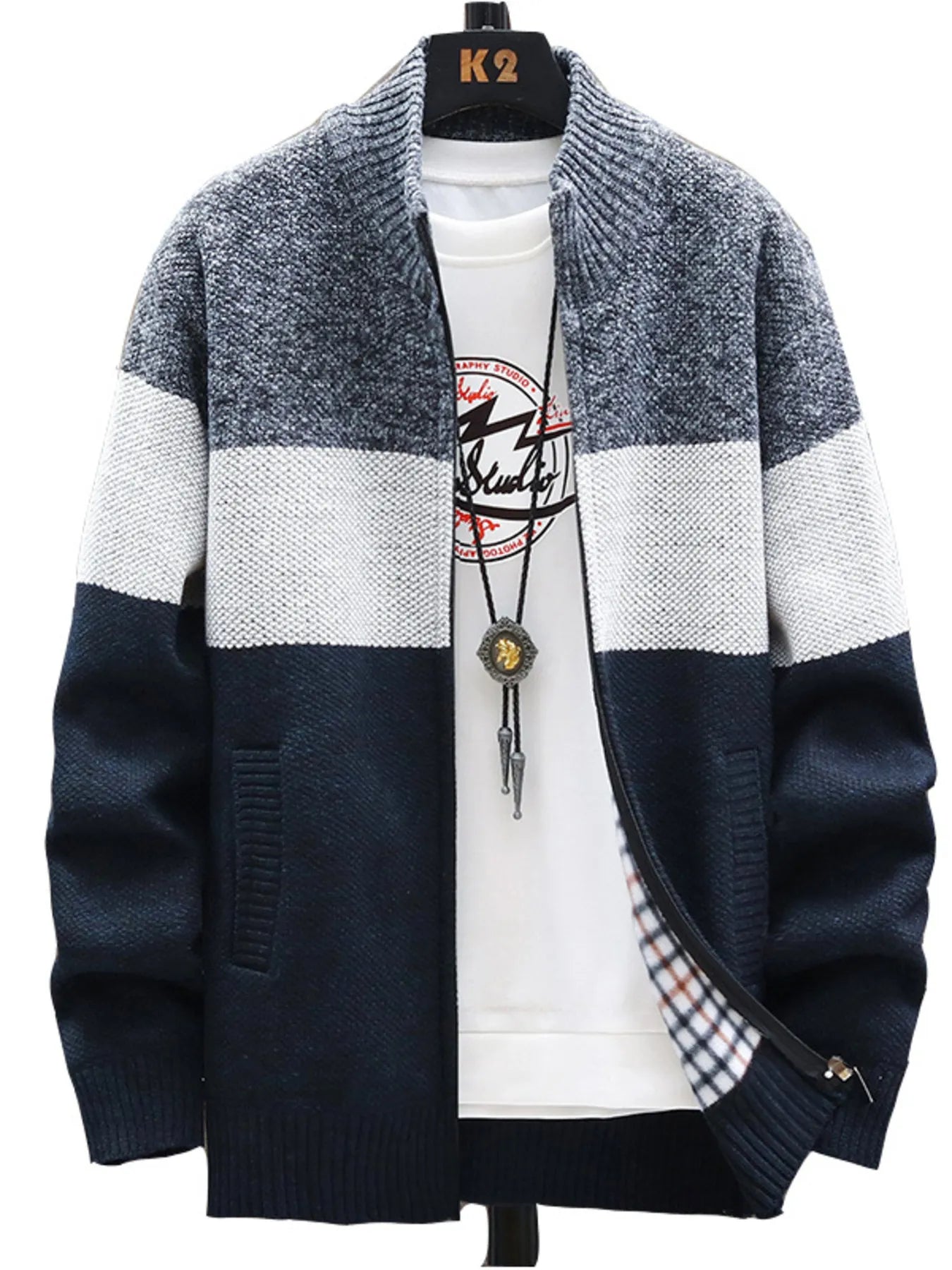 Men's Plus Size Color Block Zip Up Cardigan designed for comfort and style at Lookzlike