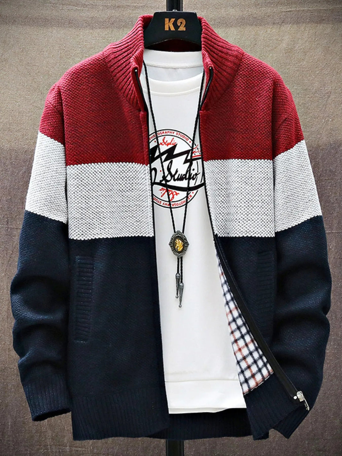 Men's Plus Size Color Block Zip Up Cardigan designed for comfort and style at Lookzlike