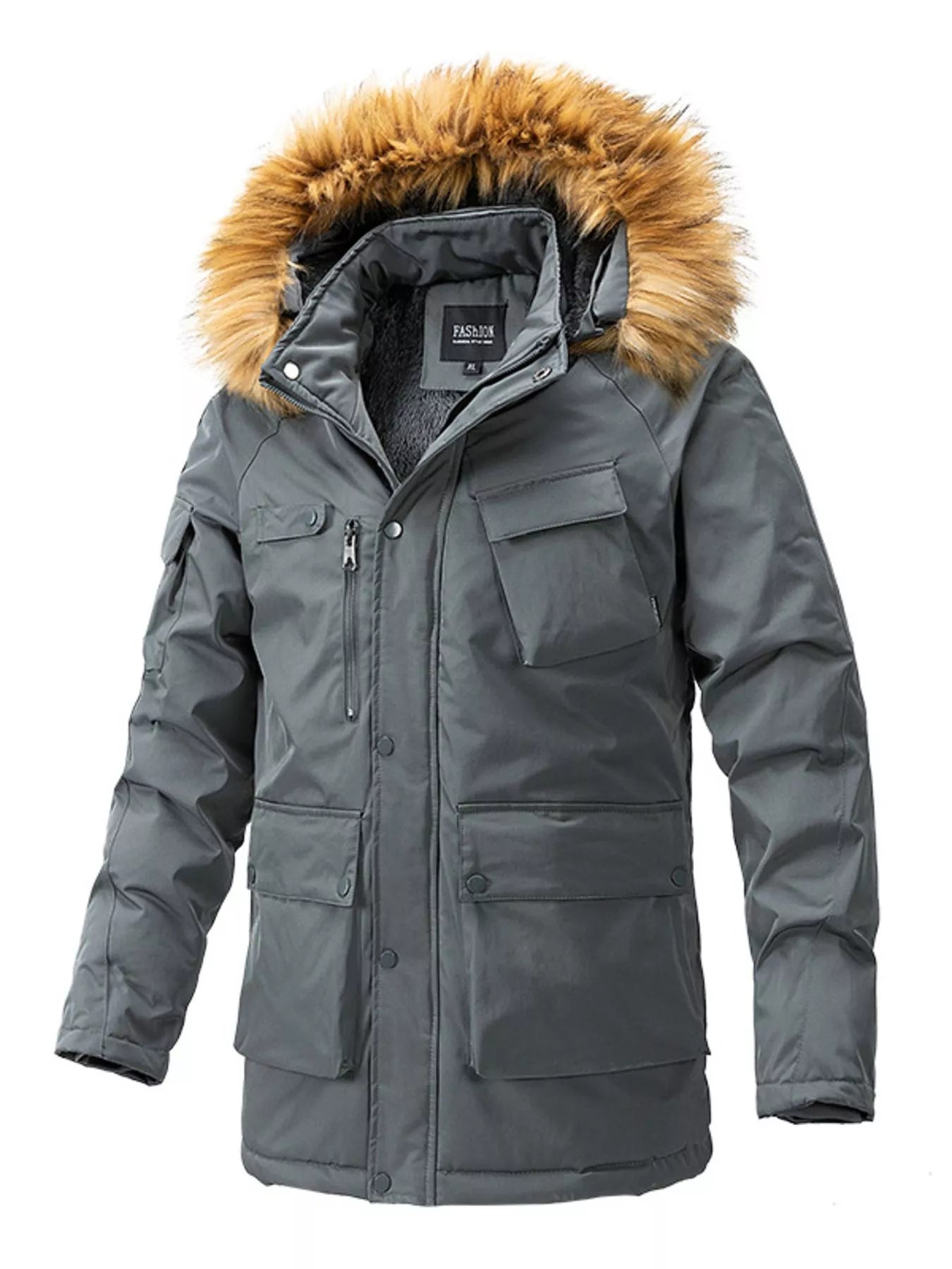 Men's Plus Size Fur Hooded Winter Parka Coat designed for comfort and style at Lookzlike