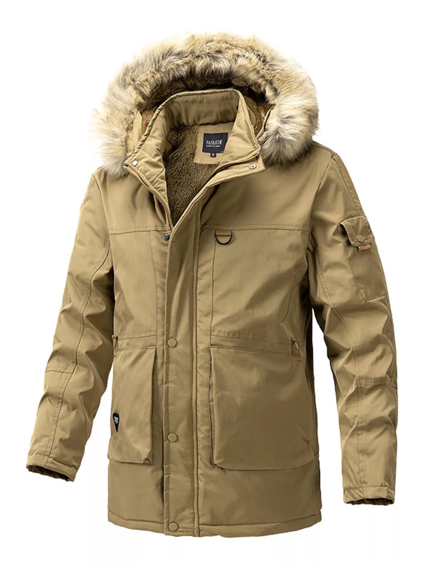 Men's Plus Size Fur Hooded Winter Parka Coat designed for comfort and style at Lookzlike