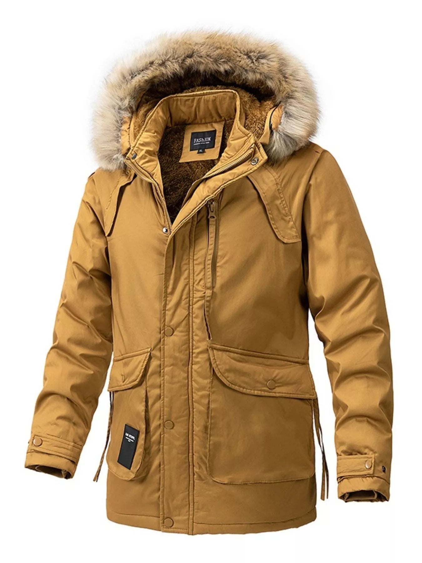 Men's Plus Size Fur Hooded Winter Parka Coat designed for comfort and style at Lookzlike