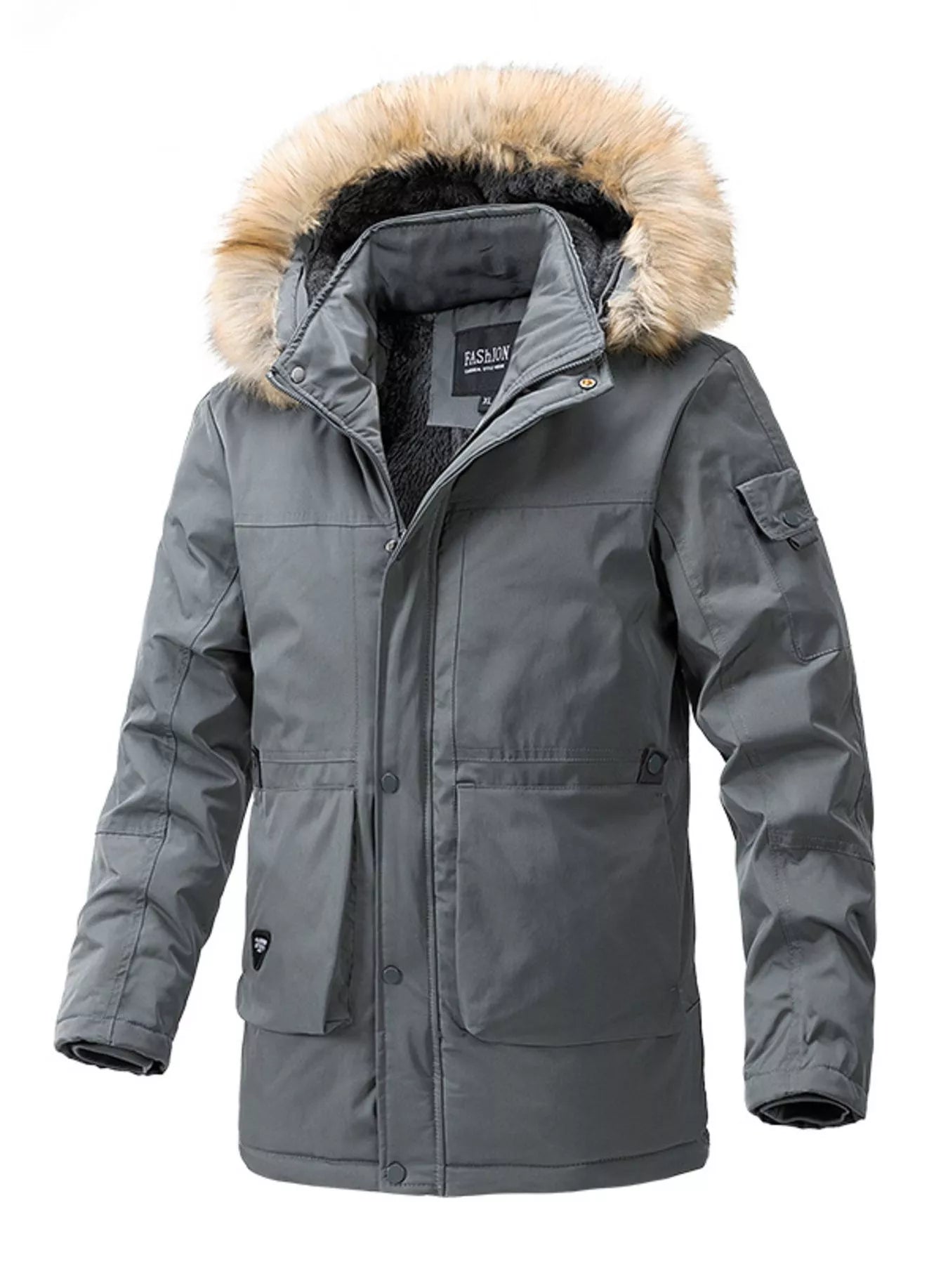 Men's Plus Size Fur Hooded Winter Parka Coat designed for comfort and style at Lookzlike