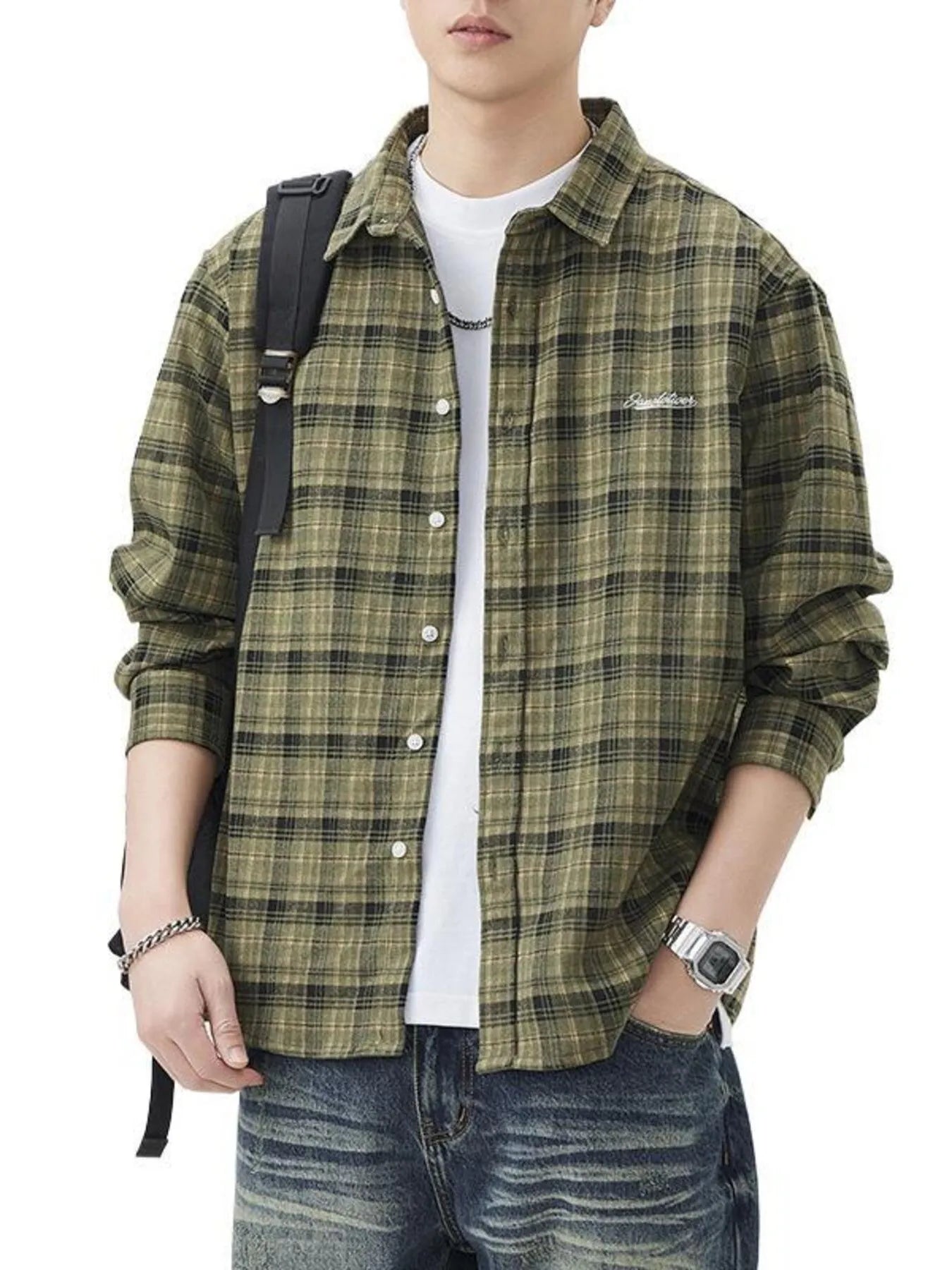 Men's Plus Size Plaid Button Up Long Sleeve Shirt designed for comfort and style at Lookzlike