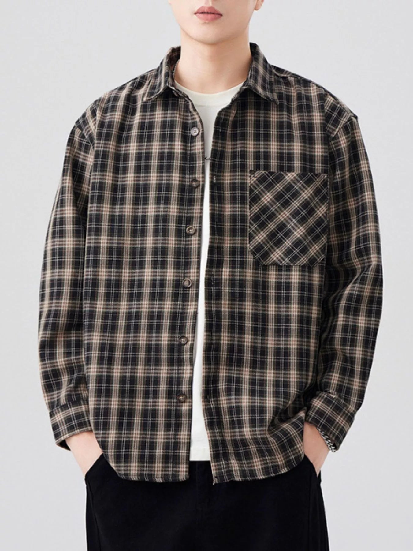 Men's Plus Size Plaid Button Up Long Sleeve Shirt designed for comfort and style at Lookzlike
