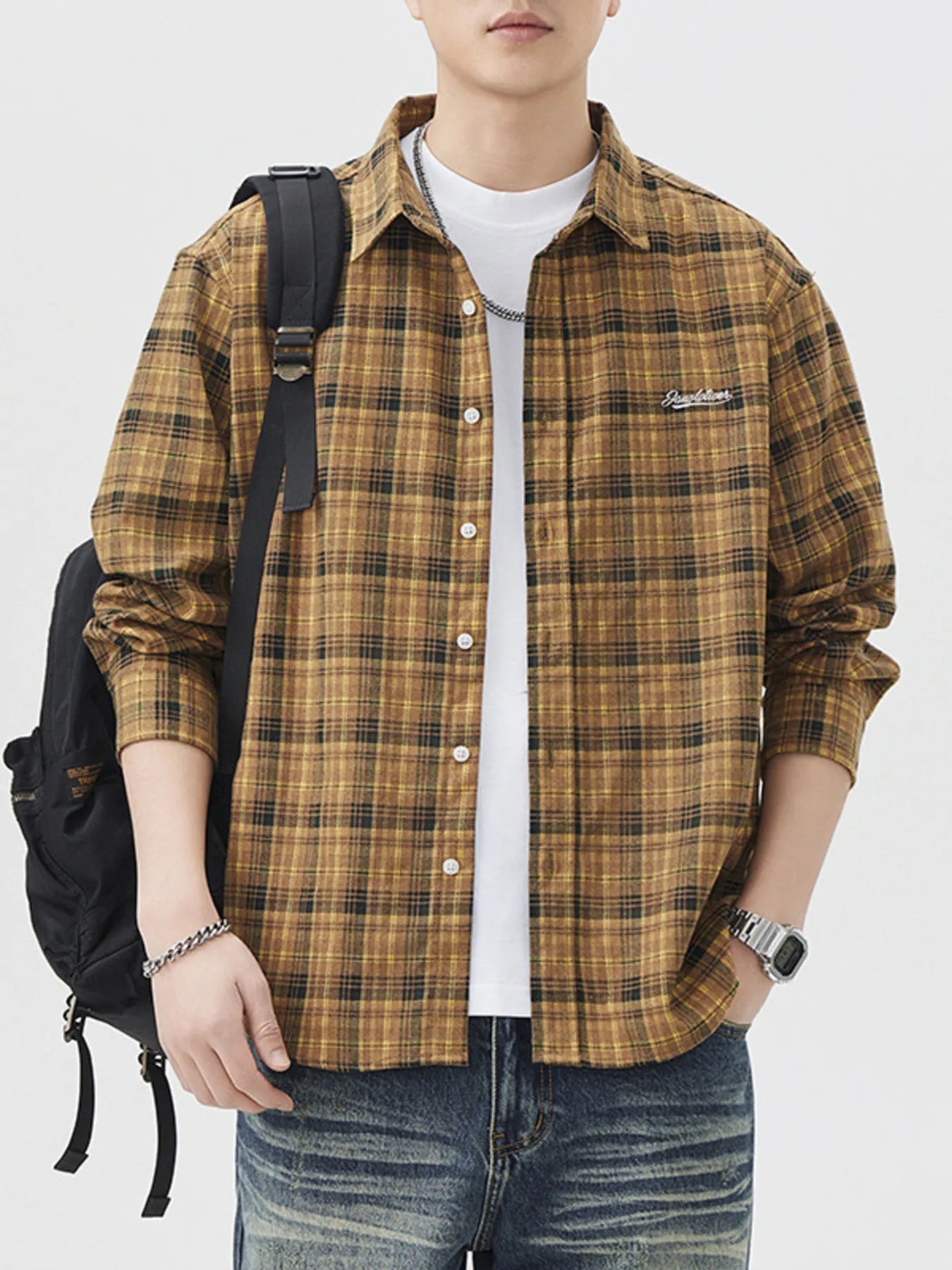 Men's Plus Size Plaid Button Up Long Sleeve Shirt designed for comfort and style at Lookzlike