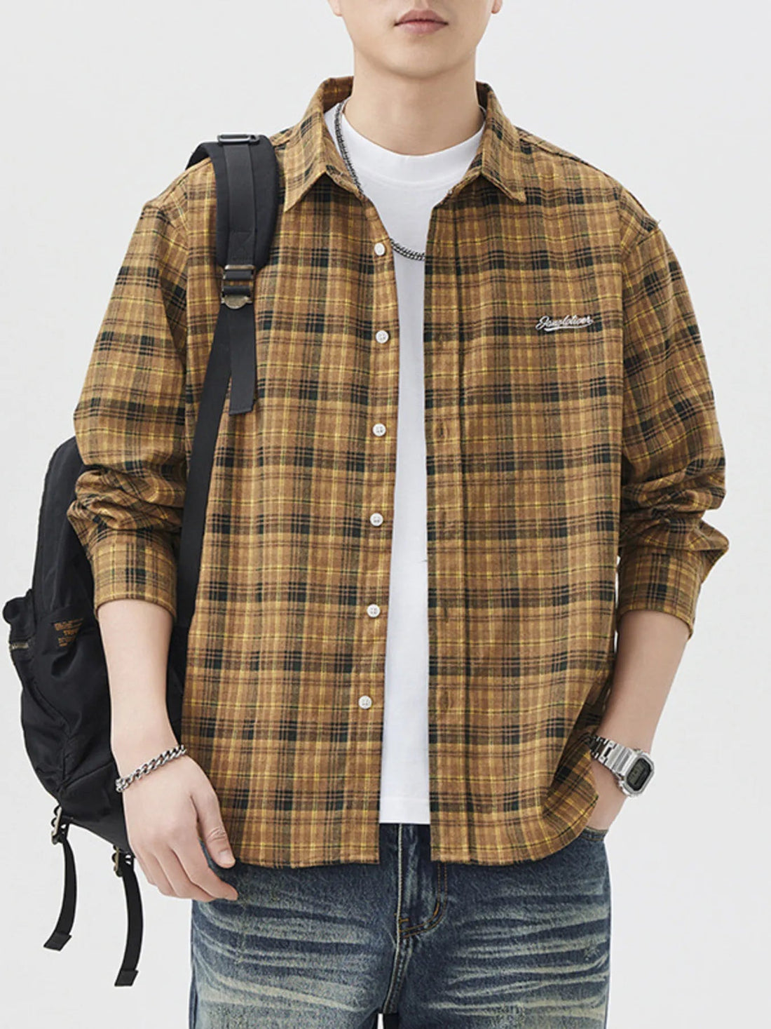 Men's Plus Size Plaid Button Up Long Sleeve Shirt designed for comfort and style at Lookzlike