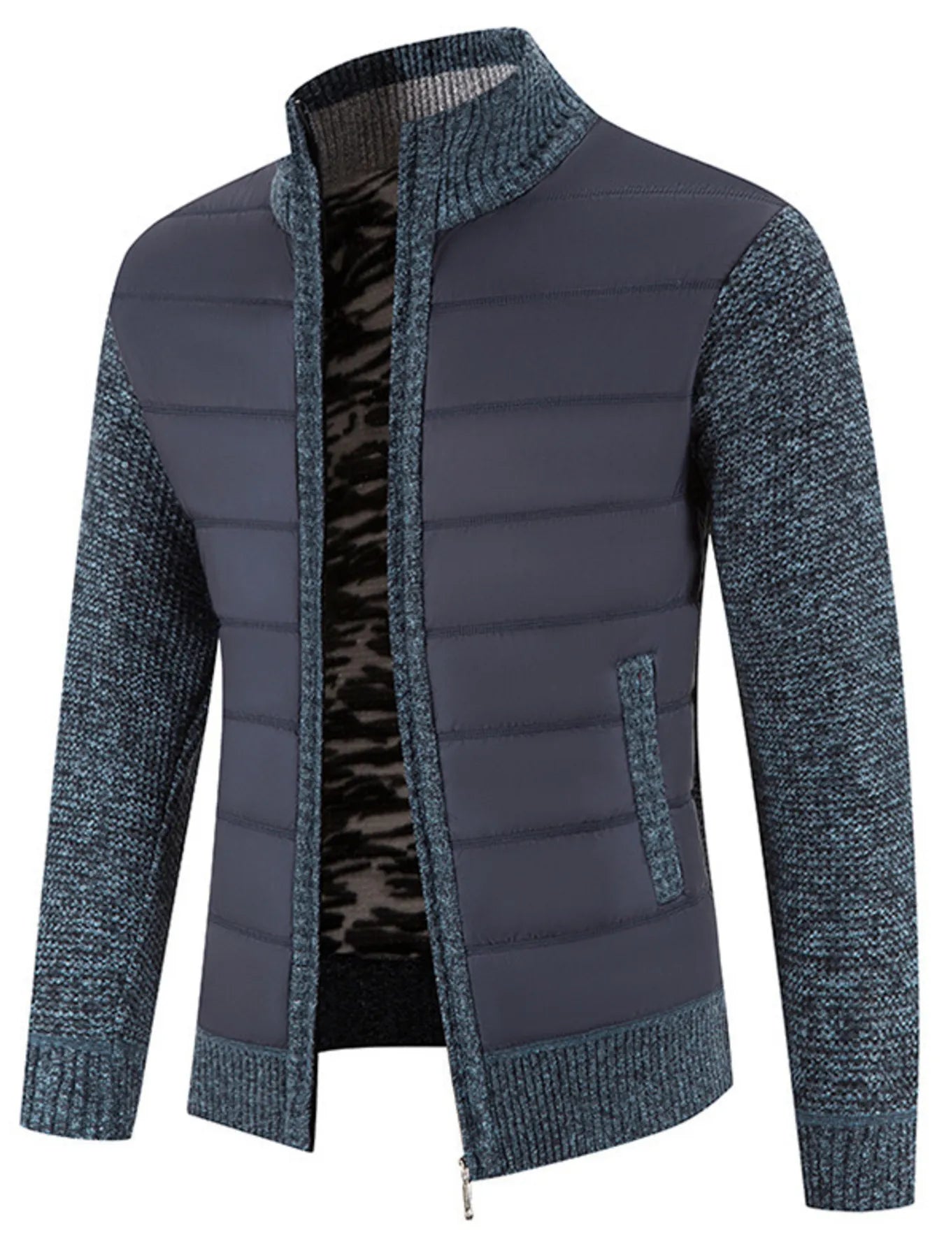 Men's Plus Size Quilted Knit Bomber Jacket with Stand Collar designed for comfort and style at Lookzlike
