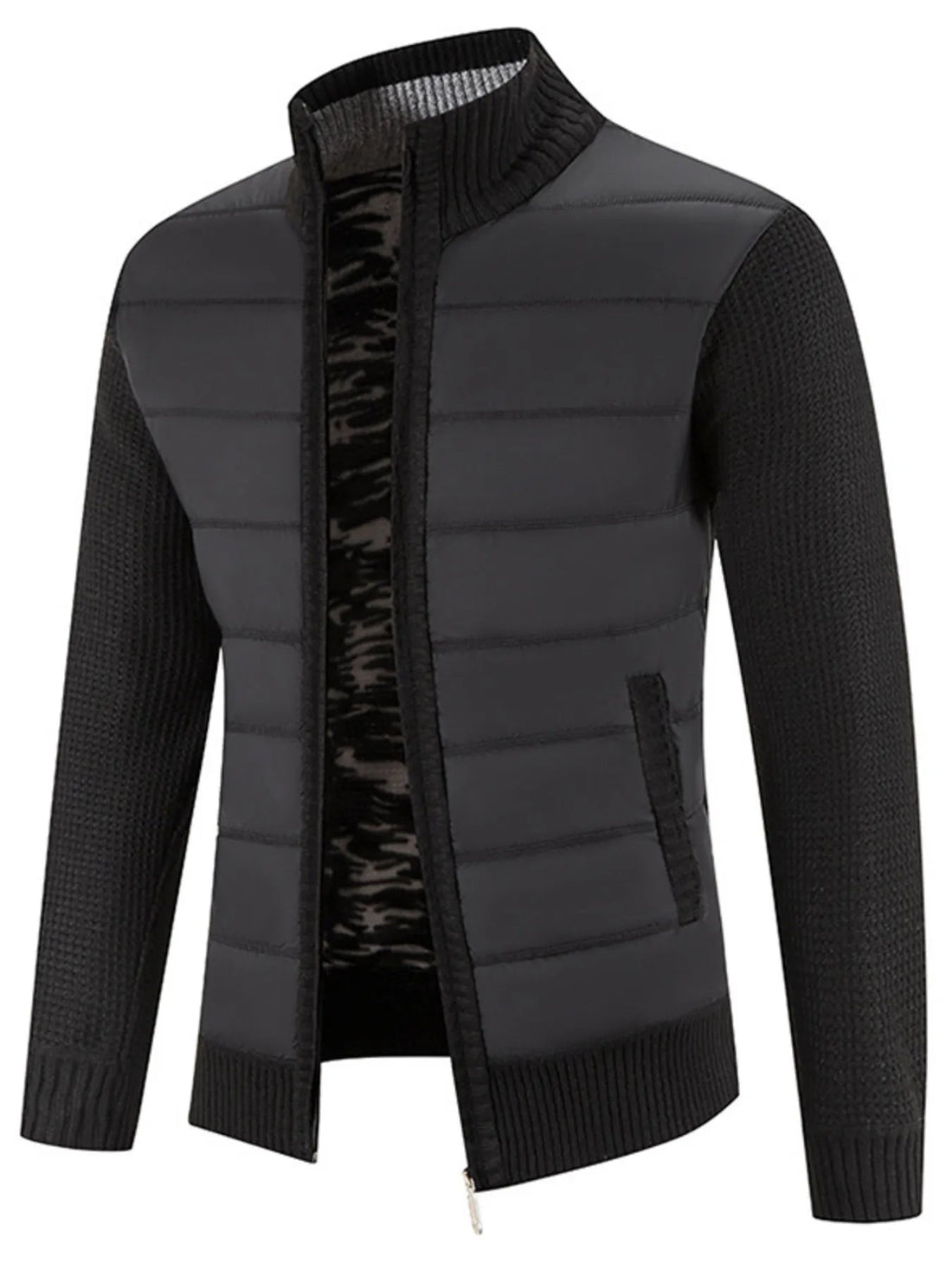 Men's Plus Size Quilted Knit Bomber Jacket with Stand Collar designed for comfort and style at Lookzlike