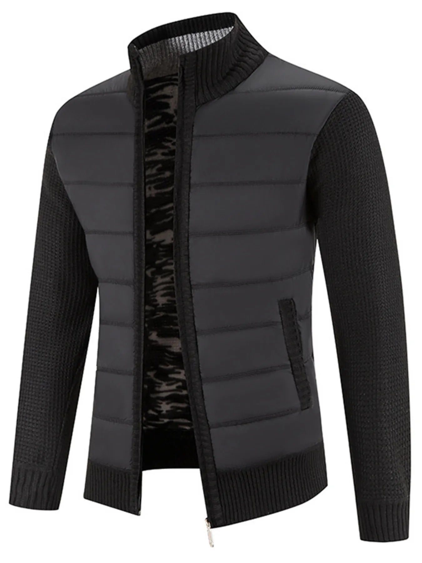 Men's Plus Size Quilted Knit Bomber Jacket with Stand Collar designed for comfort and style at Lookzlike