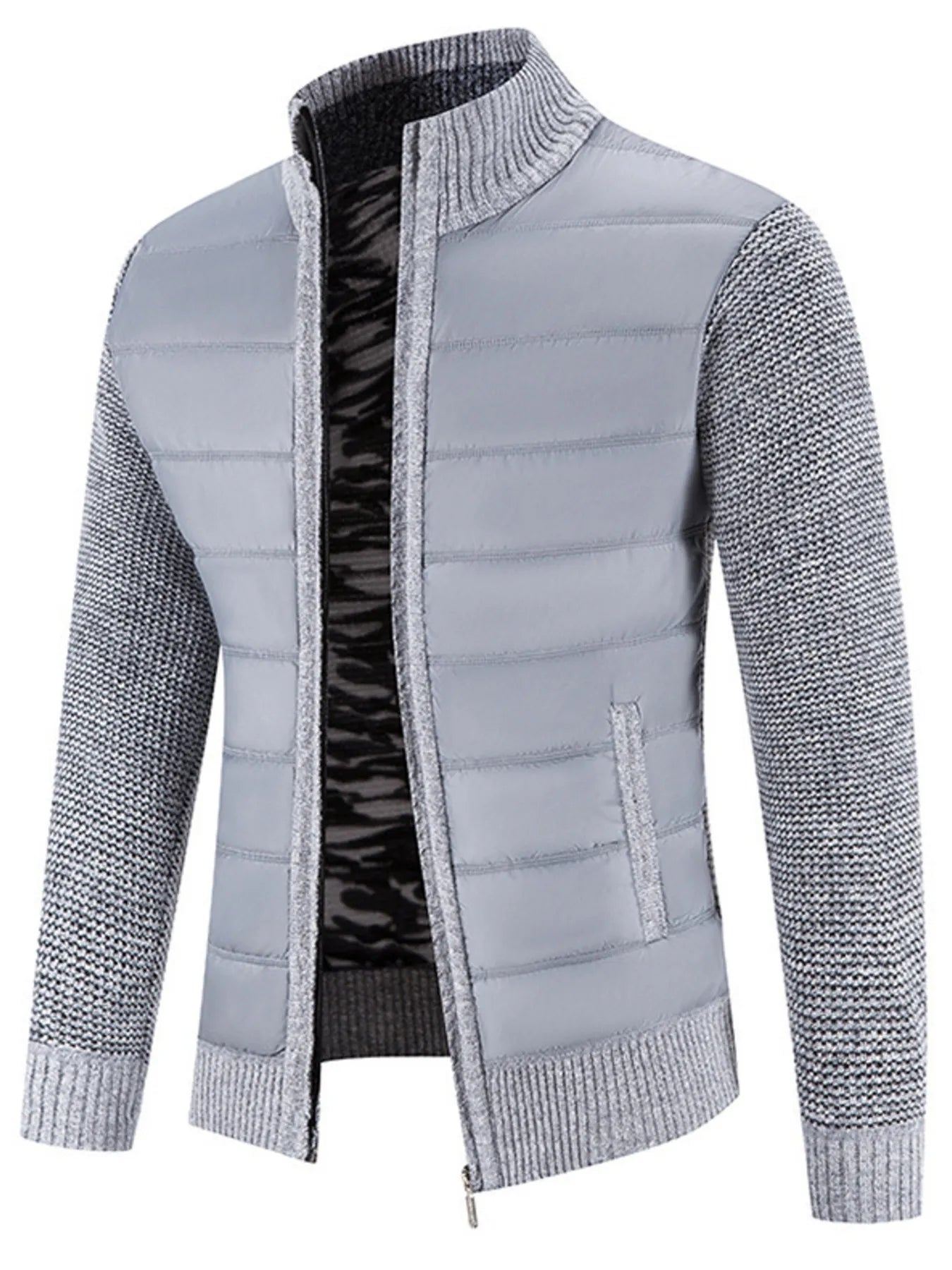 Men's Plus Size Quilted Knit Bomber Jacket with Stand Collar designed for comfort and style at Lookzlike