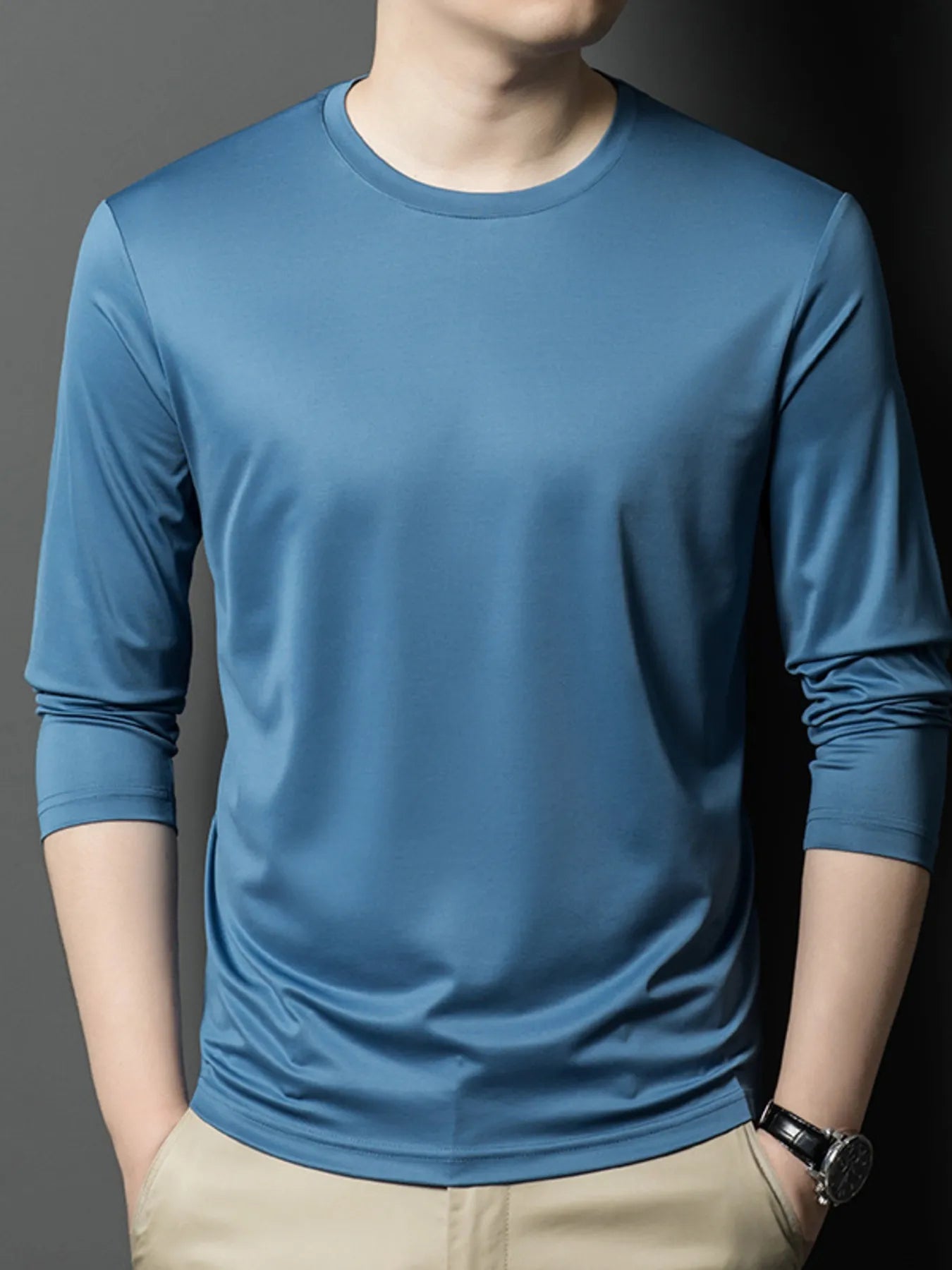 Men's Plus Size Round Neck Long Sleeve T-Shirt designed for comfort and style at Lookzlike