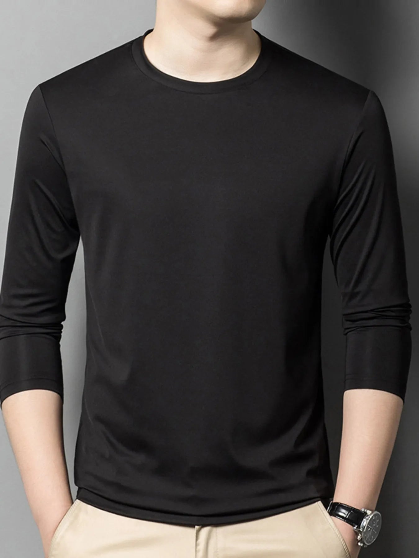 Men's Plus Size Round Neck Long Sleeve T-Shirt designed for comfort and style at Lookzlike
