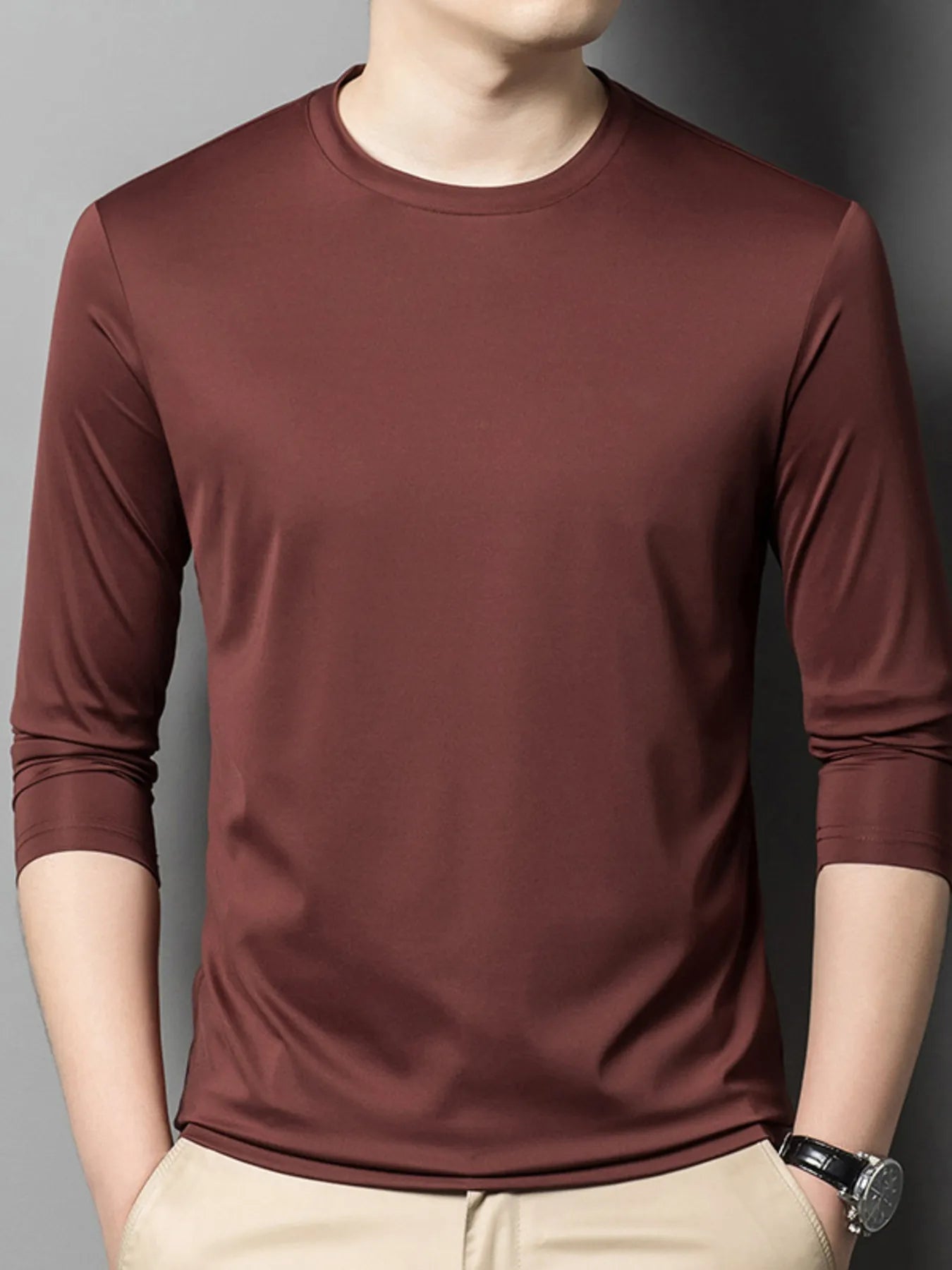 Men's Plus Size Round Neck Long Sleeve T-Shirt designed for comfort and style at Lookzlike