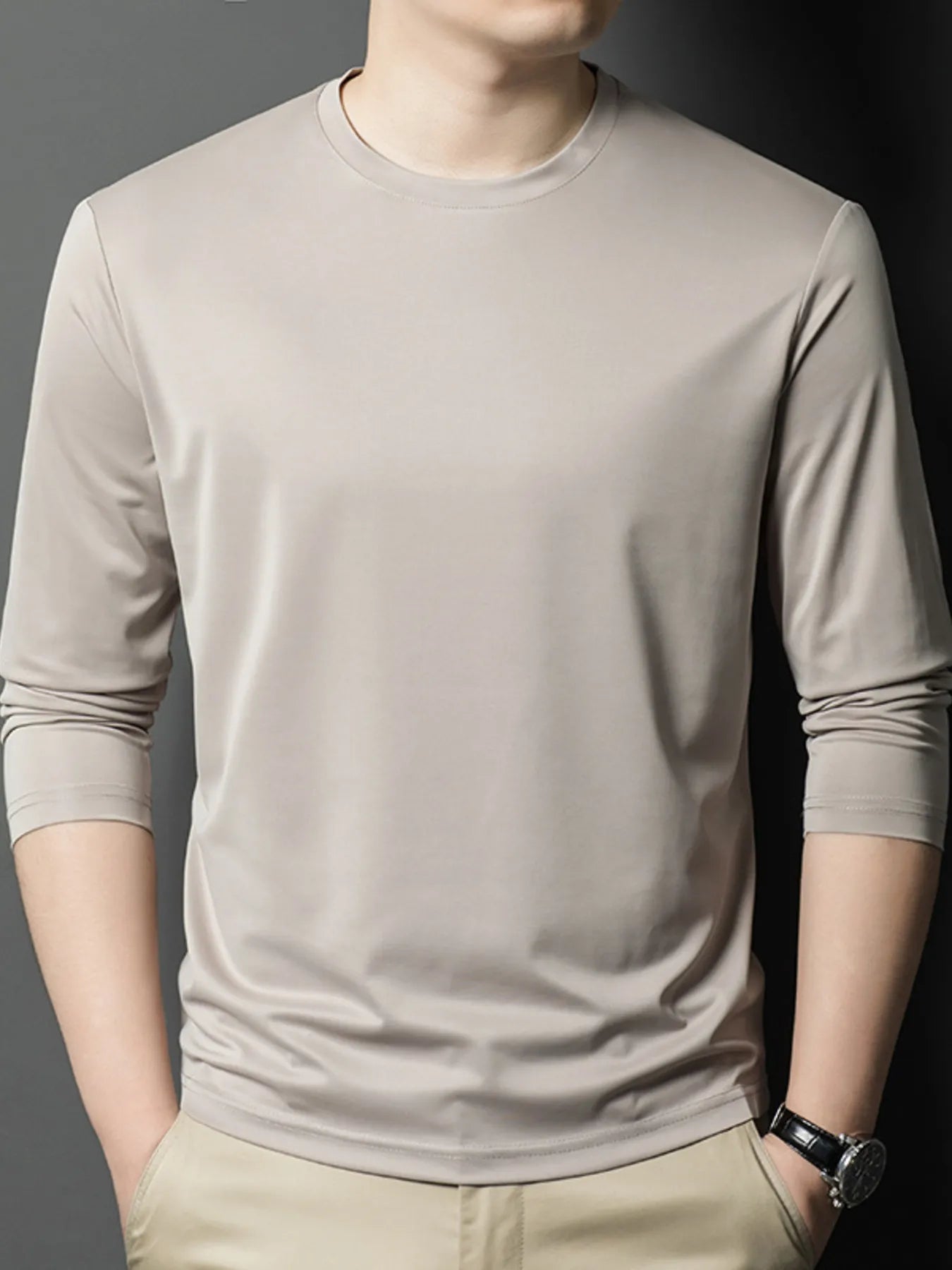 Men's Plus Size Round Neck Long Sleeve T-Shirt designed for comfort and style at Lookzlike
