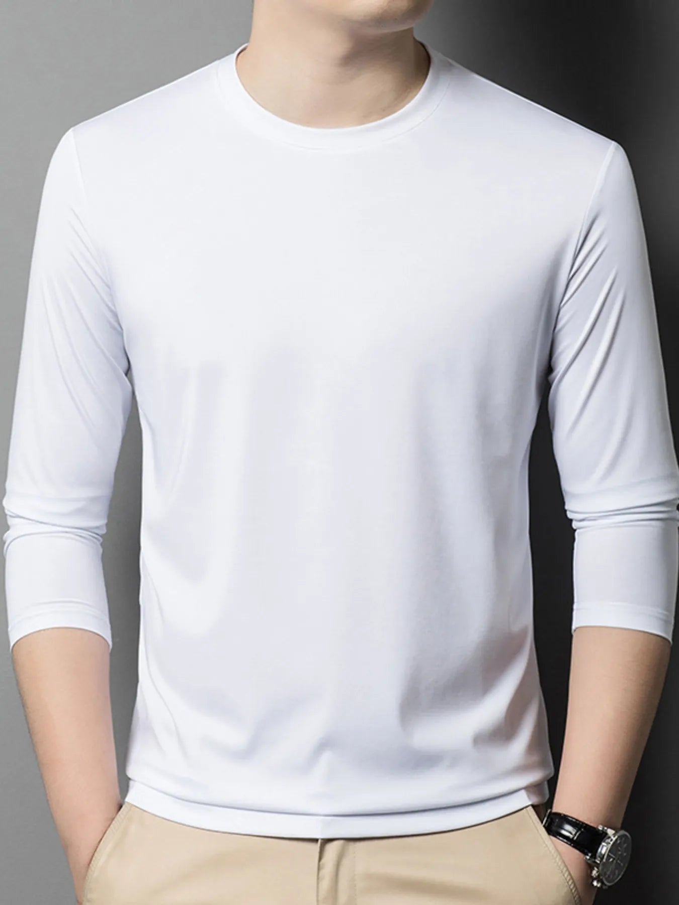 Men's Plus Size Round Neck Long Sleeve T-Shirt designed for comfort and style at Lookzlike