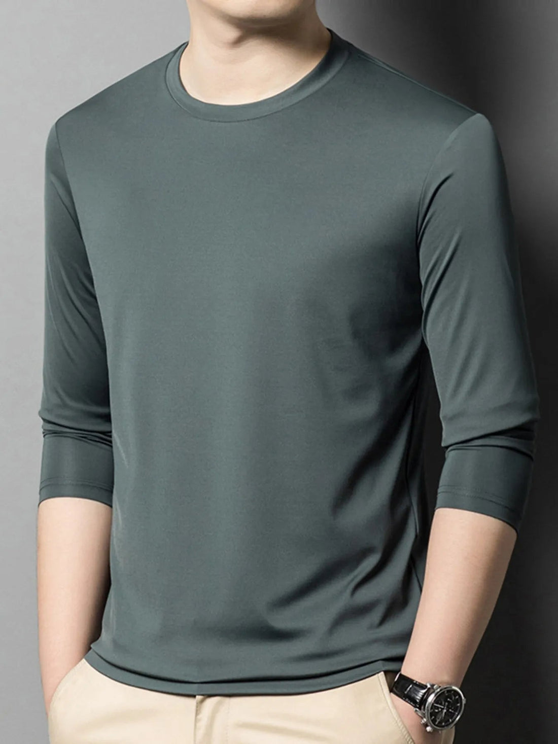 Men's Plus Size Round Neck Long Sleeve T-Shirt designed for comfort and style at Lookzlike