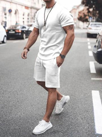 Men's Plus Size Round Neck Short Sleeve Top and Shorts Set - Lookzlike