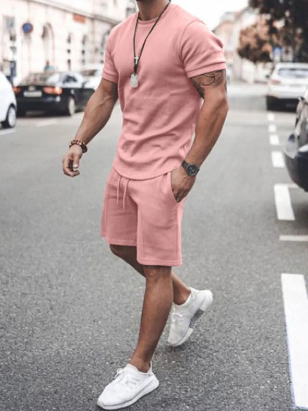 Men's Plus Size Round Neck Short Sleeve Top and Shorts Set - Lookzlike