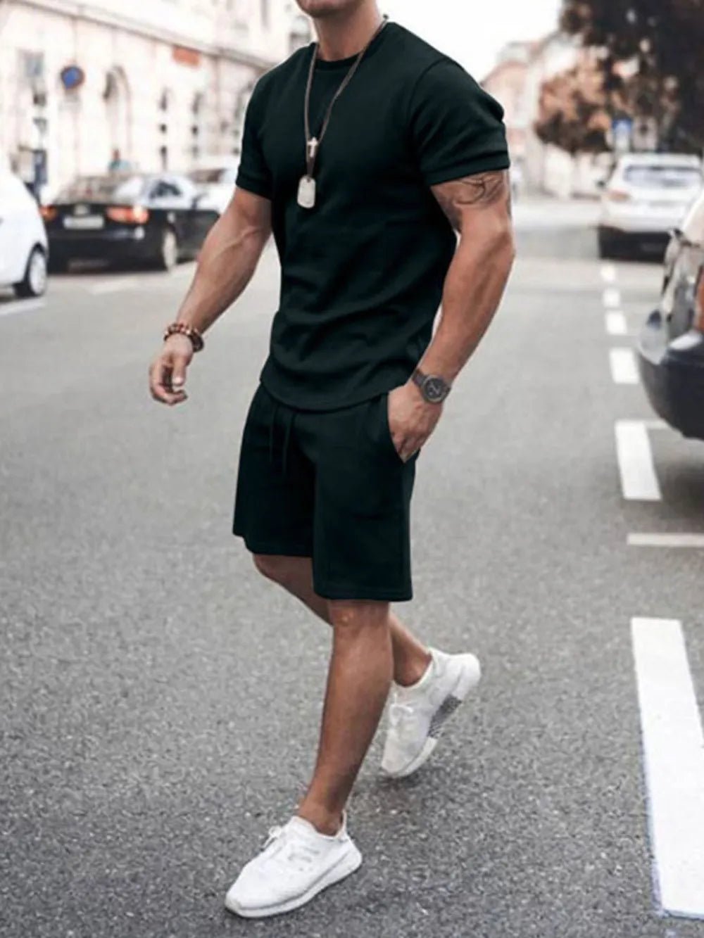 Men's Plus Size Round Neck Short Sleeve Top and Shorts Set - Lookzlike
