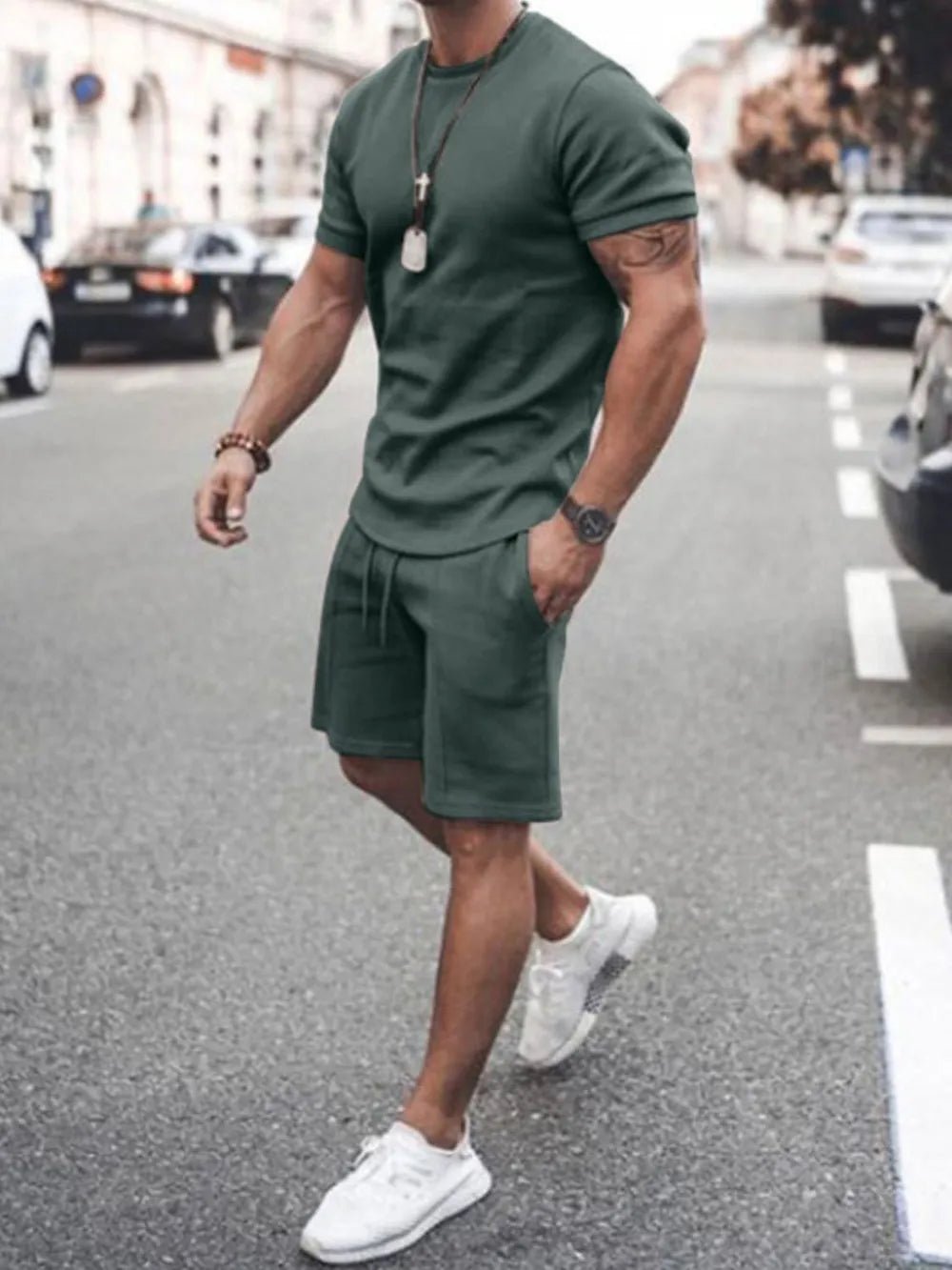 Men's Plus Size Round Neck Short Sleeve Top and Shorts Set - Lookzlike
