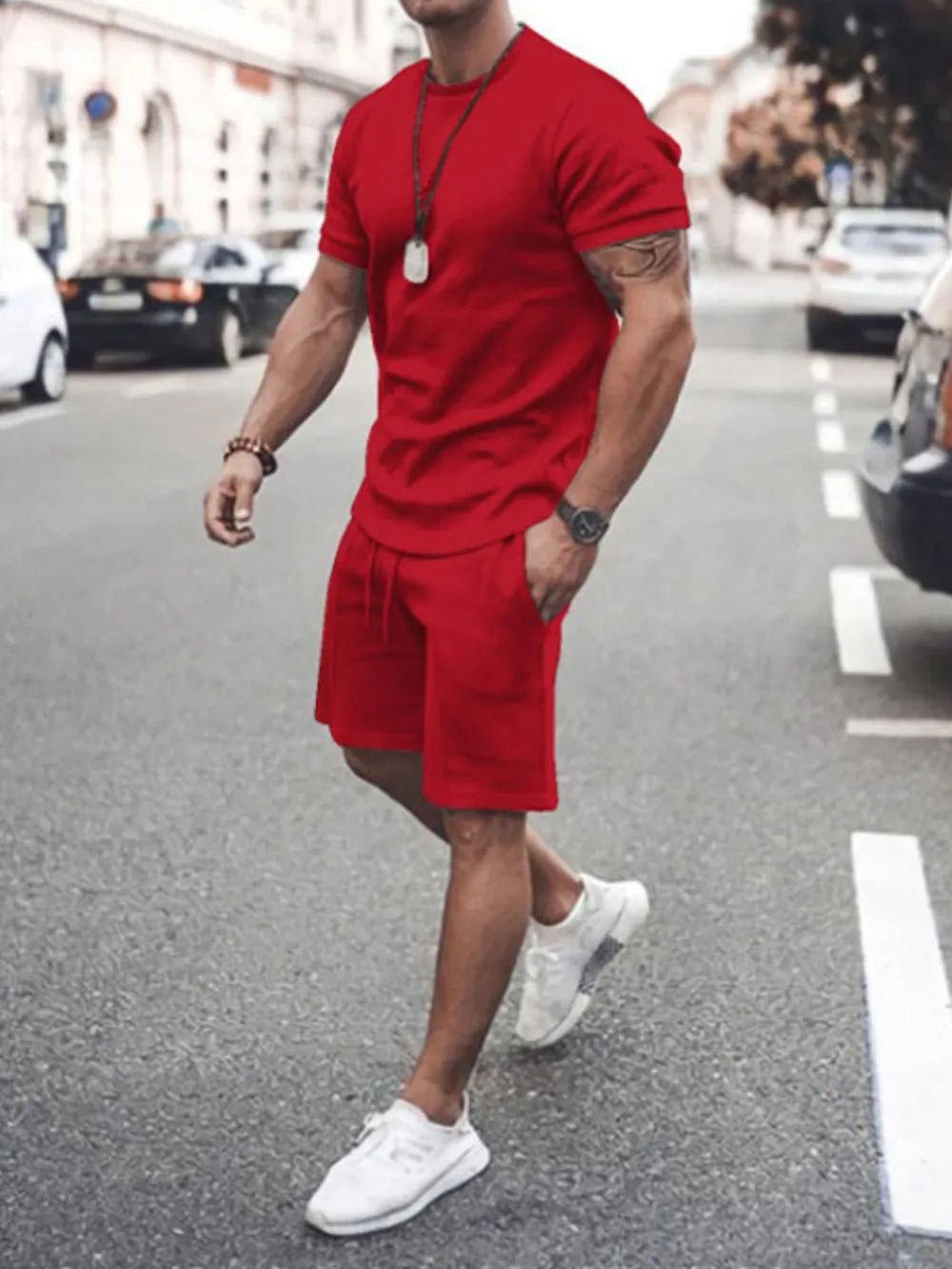Men's Plus Size Round Neck Short Sleeve Top and Shorts Set - Lookzlike
